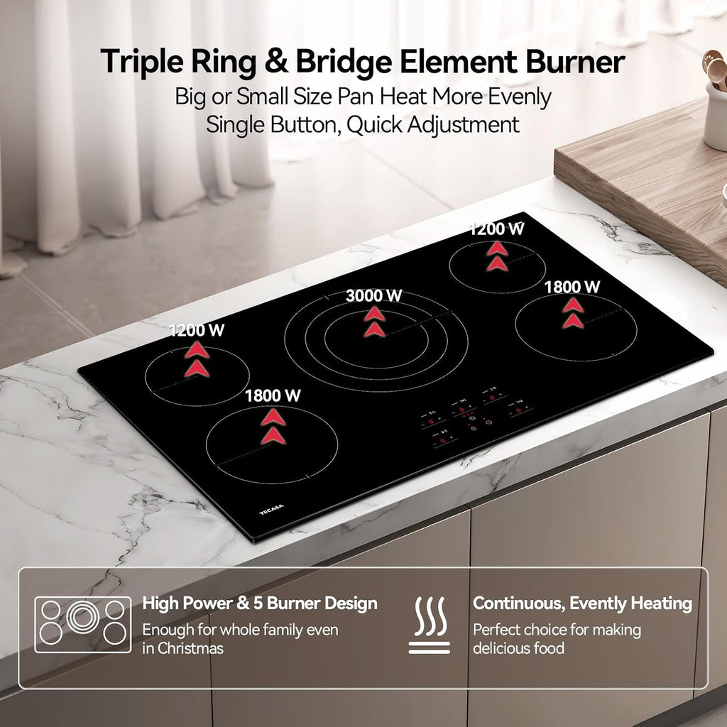 36 Inch Electric Cooktop, TECASA 9000W Radiant Electric Hob with 5 Burners, 240V Built-in Sensor Touch Control Stove Top with Child Safety Lock & Timer, 9 Heating Levels, Hard Wire (No Plug)