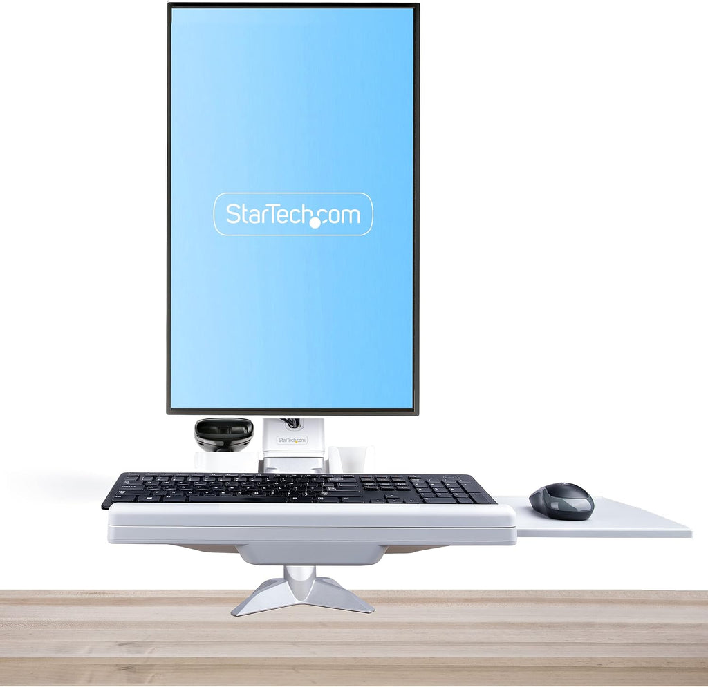 StarTech.com Sit-Stand Monitor Arm with Keyboard Tray - Adjustable Desk Mount Sit-Stand Workstation Arm for Single 27' VESA Display - Ergonomic Articulating Standing Desk Converter, TAA