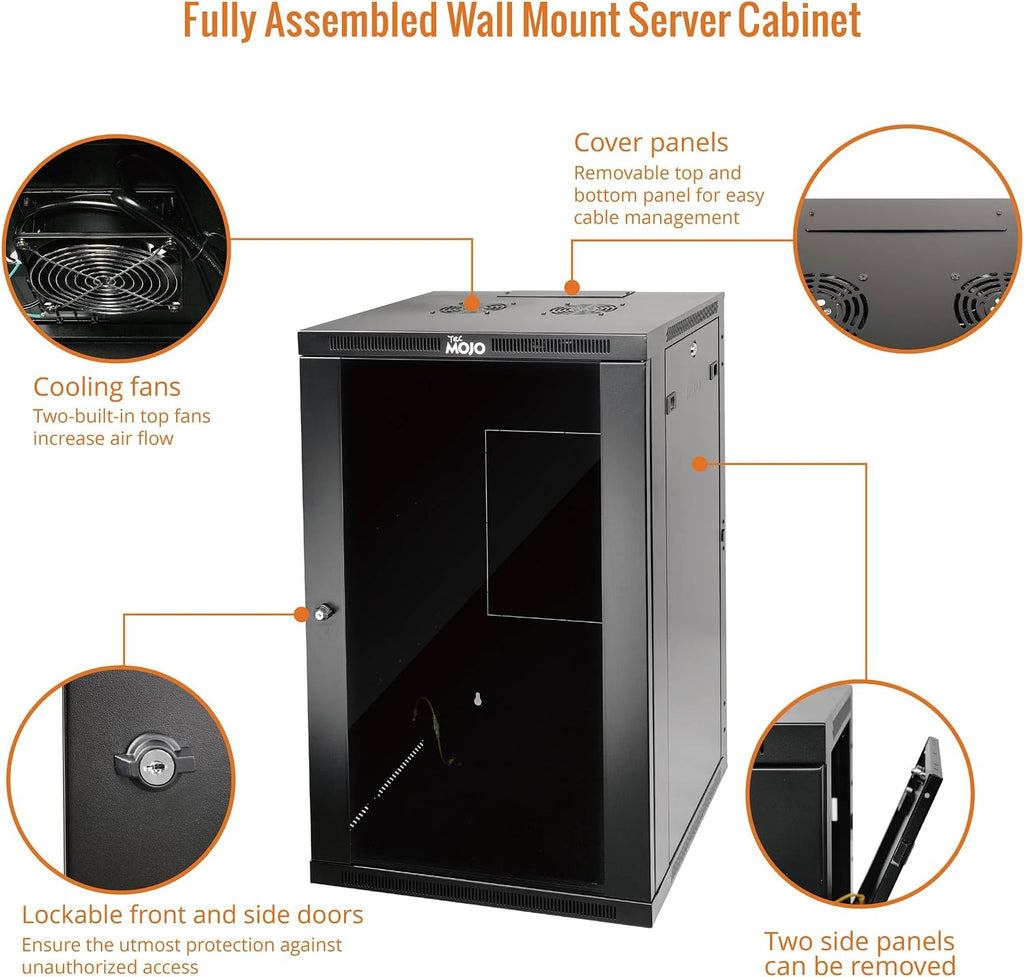 Tecmojo 18U Wall Mount Rack,18U Rack 23.6 Inch Depth,Hold Up to 176 Lbs,Enclosed Wall Mount Rack Kit for 19 Inch Network,Server and AV Gear,Glass Door(Elite Collection)