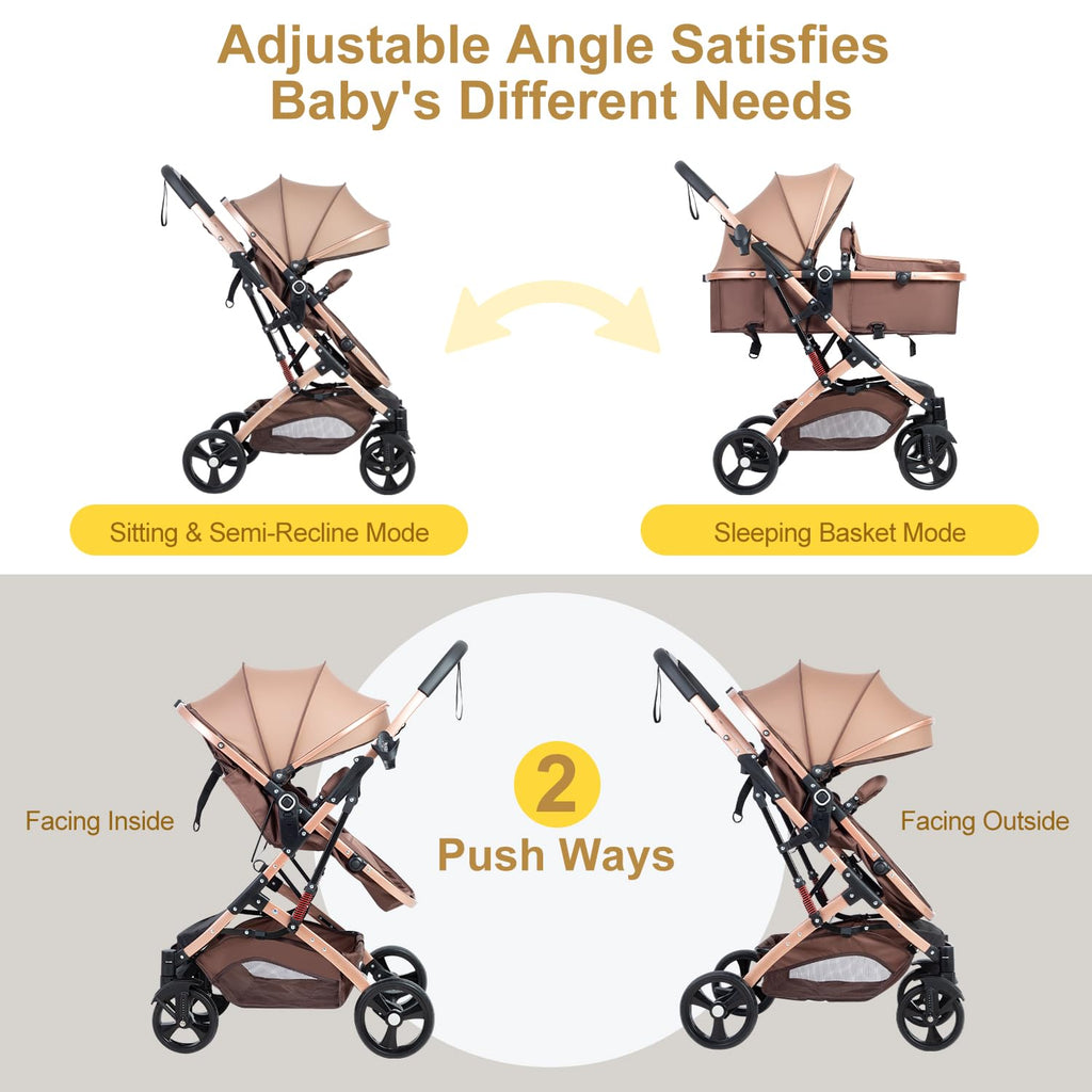 2 in 1 Baby Stroller Newborn Foldable Pushchair with Adjustable Canopy Folding High Landscape Infant Carriage, Anti-Shock Toddler Pushchair
