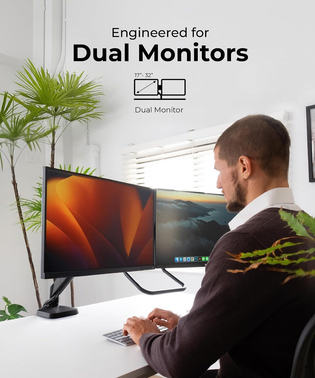 Modernsolid Dual Monitor Arm Desk Mount with Gas Spring, Fits 17–32 inches Screens up to 33 lbs, VESA 75x75/100x100, Crossbar Handle for Easy Adjustment, Black