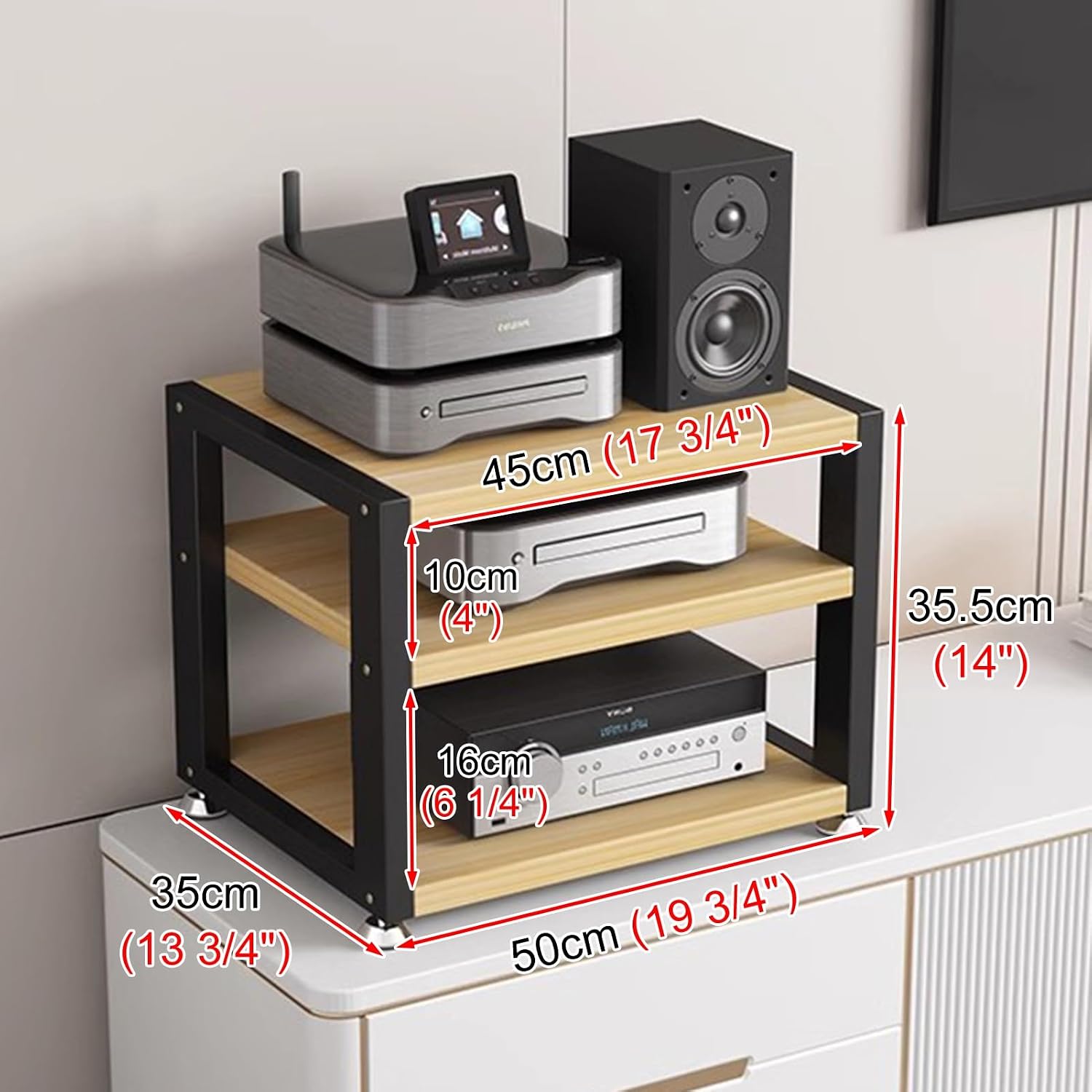 Small 3 Tier Audio Cabinet Rack, Wood Audio Video Component Tower, AV Media Equipment Stand, Floor Standing Corner Shelf for Record Player