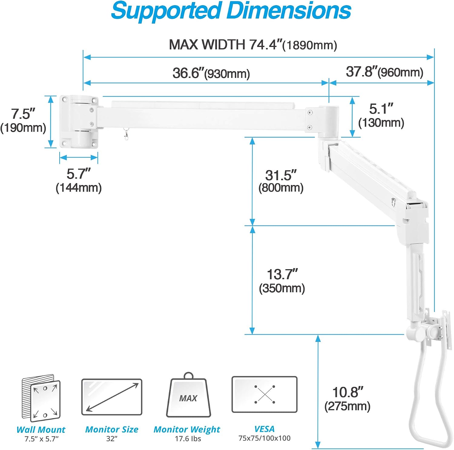 AVLT Medical Grade 17.6 lbs Monitor Wall Mount for 17 to 32inch Screen on 74' Long Extension Full Motion Height Adjustable Arm - for Healthcare, Home, Office, & Maintenance Area