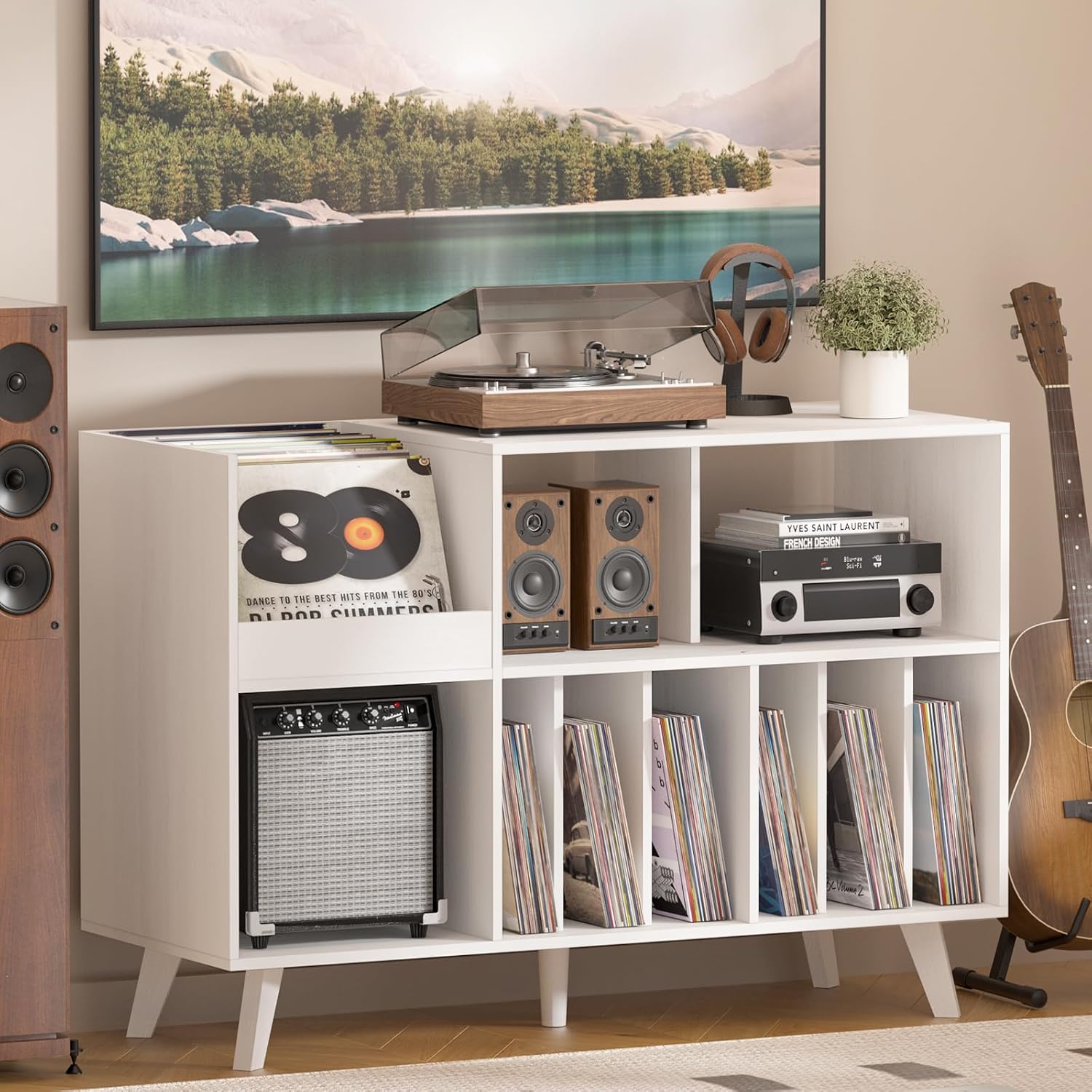 LELELINKY Large 48'' Record Player Stand with Storage, Vinyl Record Storage Holder with Display Area, Turntable Stand Record Player Table Holds Up to 450 Albums,Record Stand for Music Room Living Room