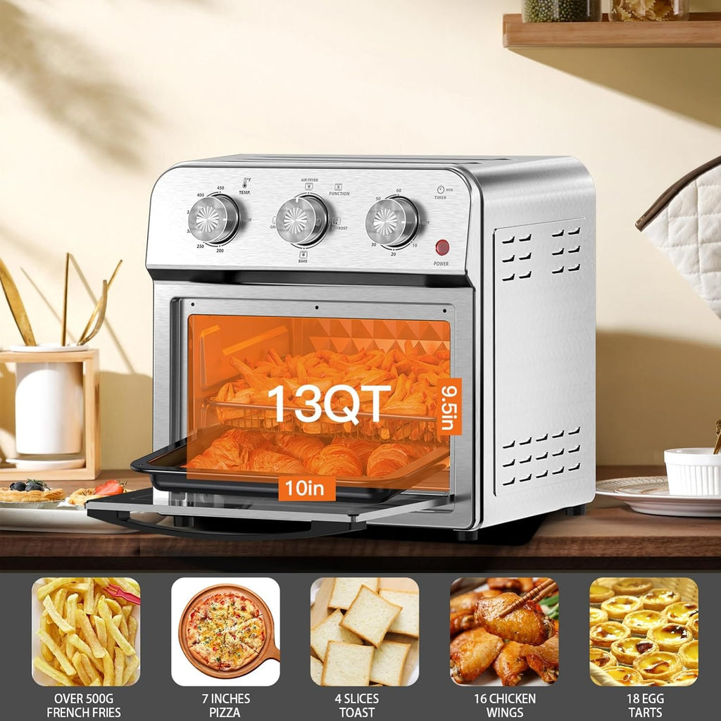 Family Size Air Fryer Toaster Oven Combo,13QT,360° Hot Air Circulation for Healthy Oil-Free Cooking, Multifunctional Convection Contertop Oven, Adjustable Time & Temp Control, Stainless Steel