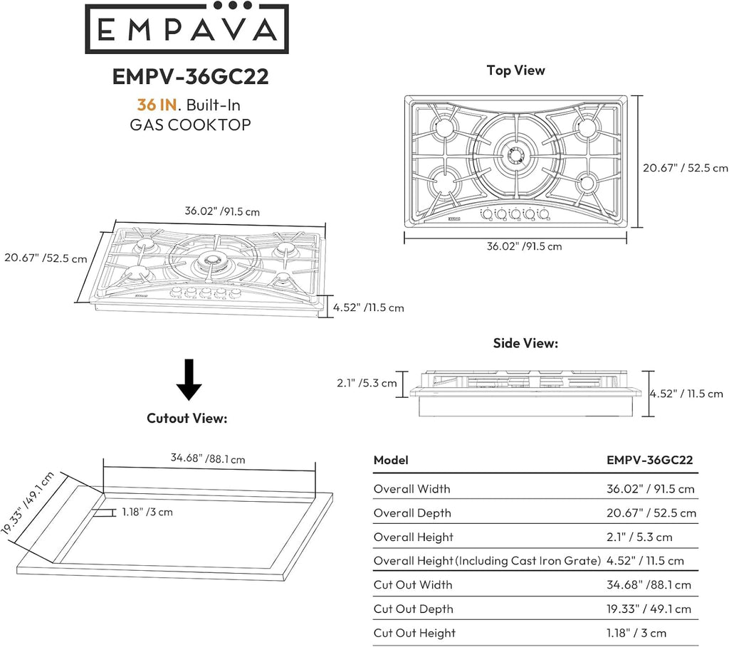 Empava 36 in. Gas Stove Cooktop with 5 Italy Sabaf Sealed Burners NG/LPG Convertible in Stainless Steel EMPV-36GC22
