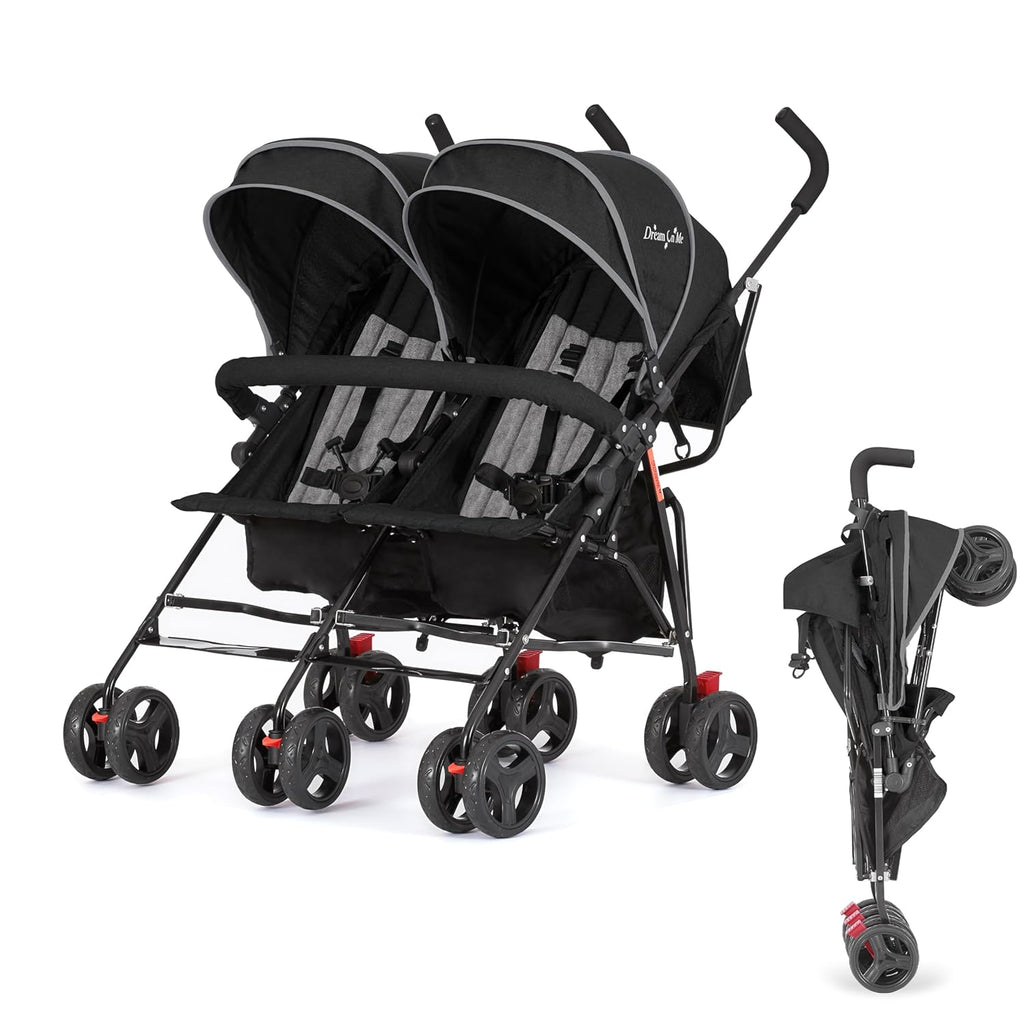 Dream On Me Volgo Twin Baby Stroller, Lightweight Side-by-Side Double Umbrella Stroller with Adjustable Canopy, 5-Point Harness, Storage Basket & Travel-Friendly Fold – Black
