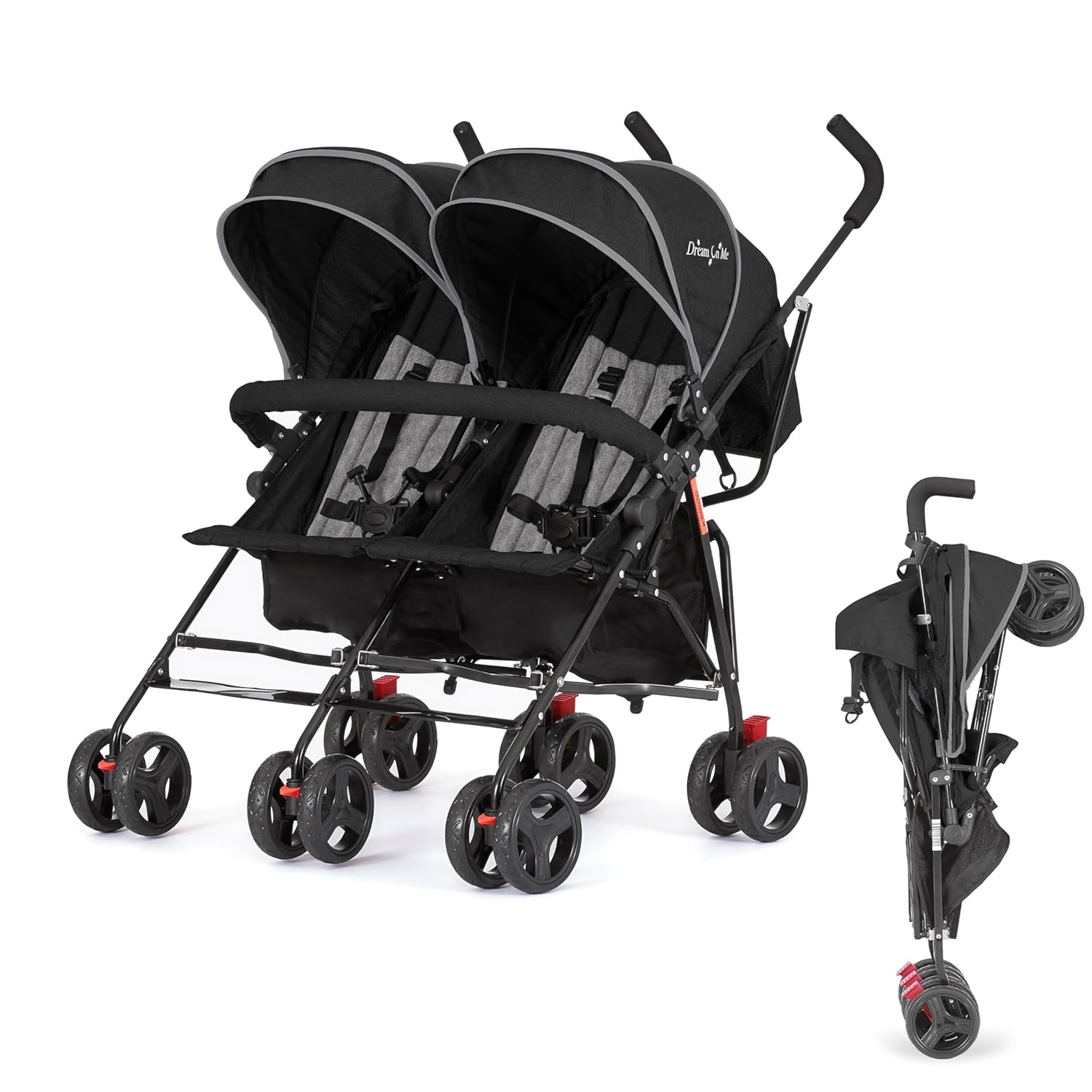 Dream On Me Volgo Twin Baby Stroller, Lightweight Side-by-Side Double Umbrella Stroller with Adjustable Canopy, 5-Point Harness, Storage Basket & Travel-Friendly Fold – Black