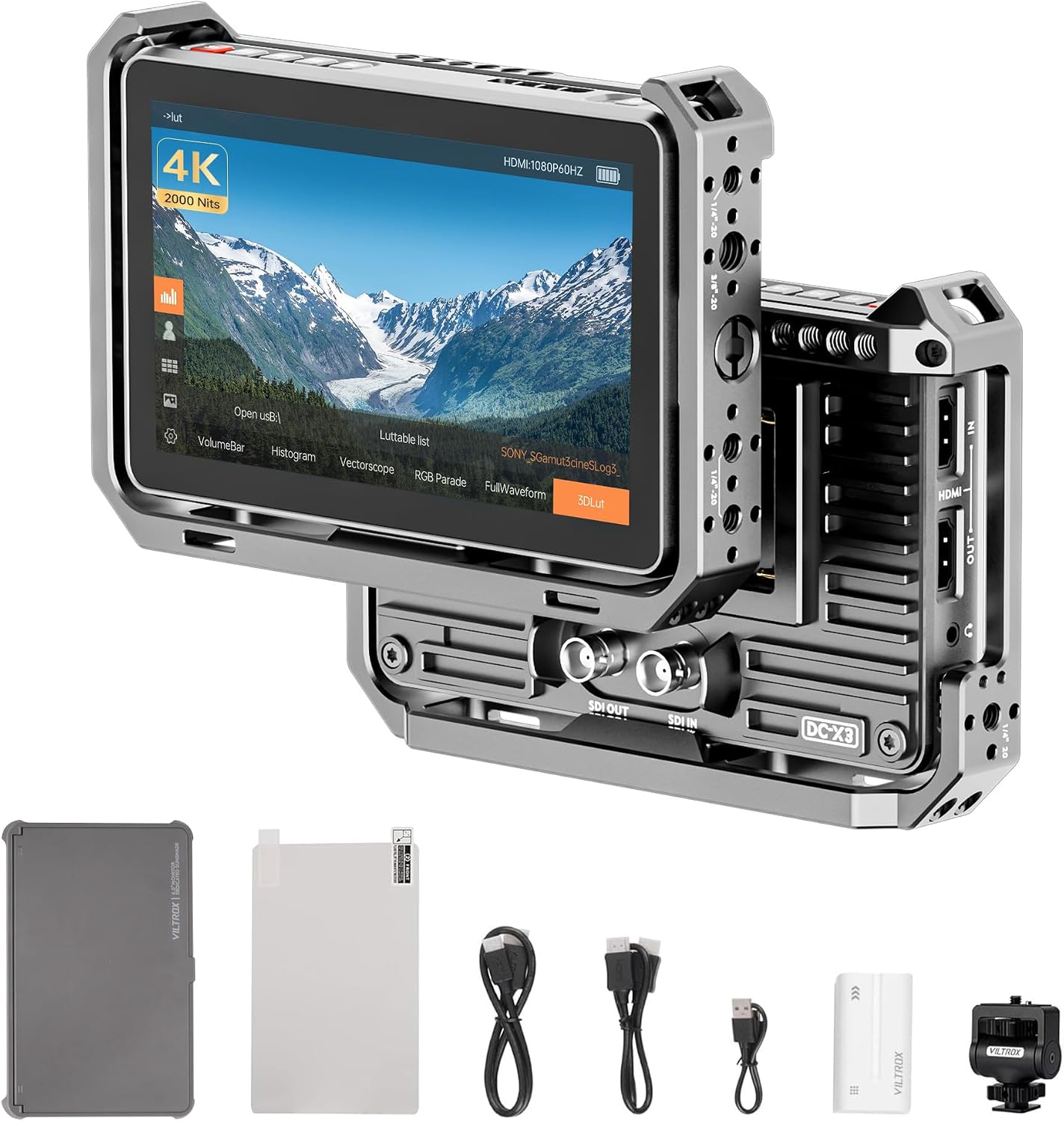 VILTROX DC-X3 Touchscreen Camera Monitor Kit with Rig Cage, 2000 nits 4K SDI HDMI in/Out Video Field Monitor Kit with Sunshade Hood, 3D LUT, Waveform, Histogram & Vectorscope Tools, Black