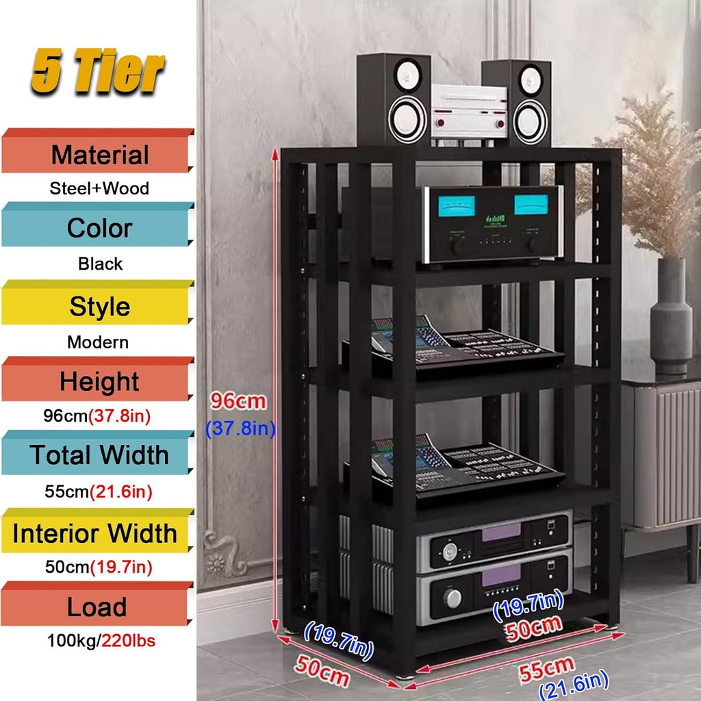 3/4/5-tier Shelves Audio Video Media Stand Cabinet, Modern Stereo Record Player Equipment Rack for Restaurant/Classroom/Bedroom/Conference Room, Height-Adjustable Shelf, Vertical Floor(5 Tier Black Bo