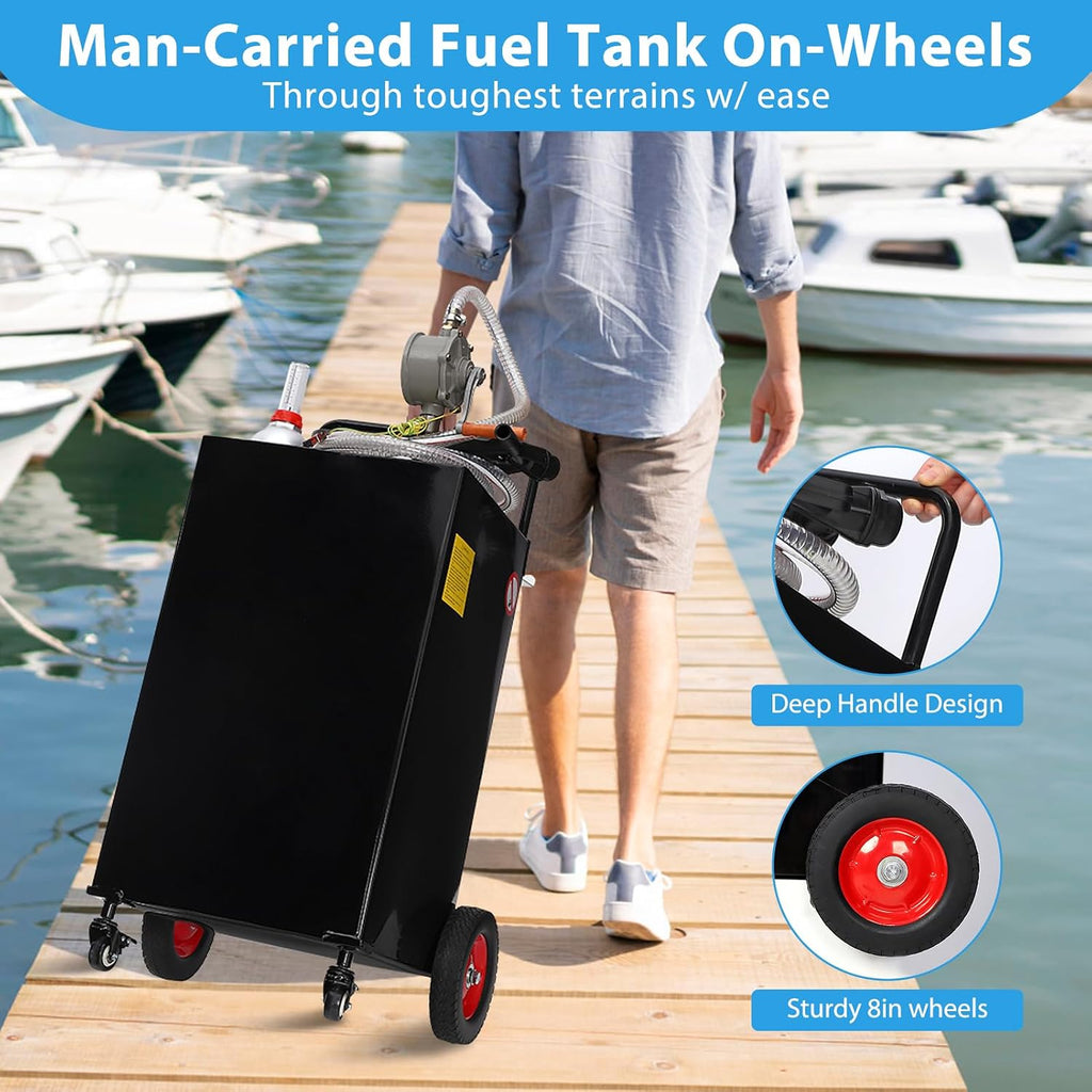 Garvee 30 gal Fuel Caddy with Manual Pump – Heavy Duty Gasoline & Diesel Transfer Tank On 4 Wheels, Spill-Proof Portable Fuel Container for Boat, Truck, Lawn Mower, ATV, Garage & Farm – Black