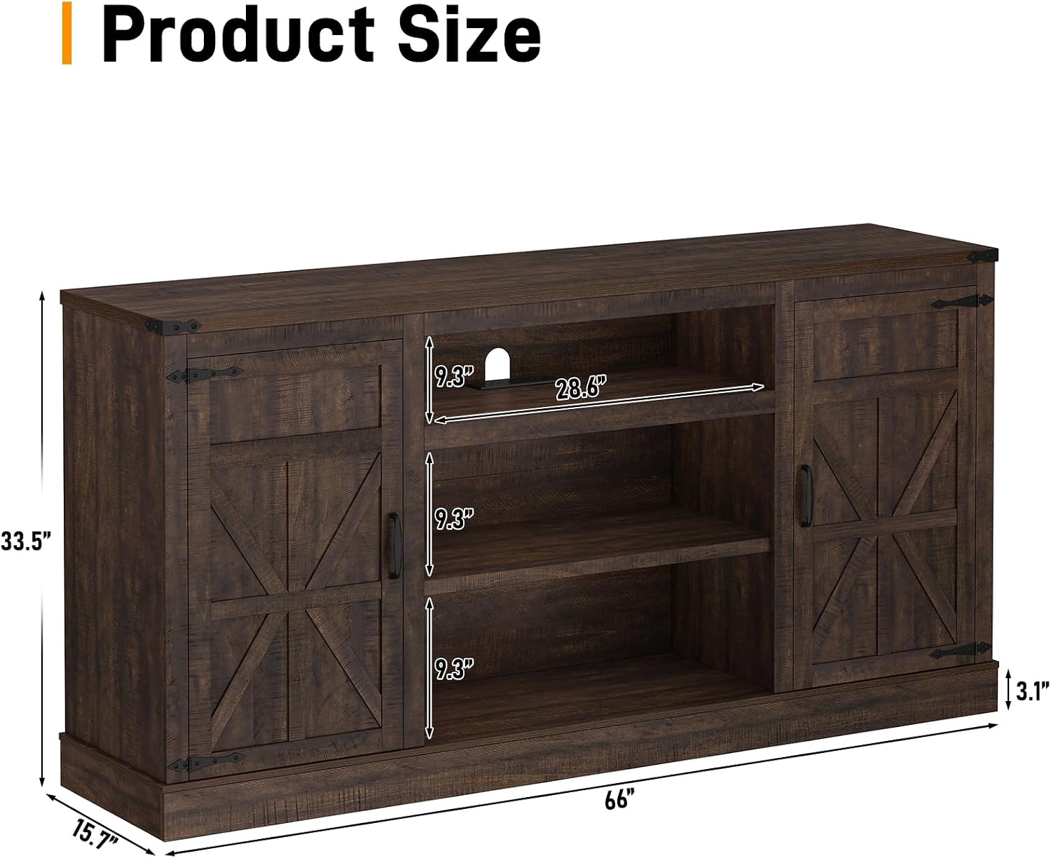 Hlivelood 66' Farmhouse TV Stand with Power Outlets for 75 Inch TVs, 33' Tall Entertainment Center with Storage Cabinets w/Adjustable Shelves, Rustic Large TV Media Console for Living Room, Brown