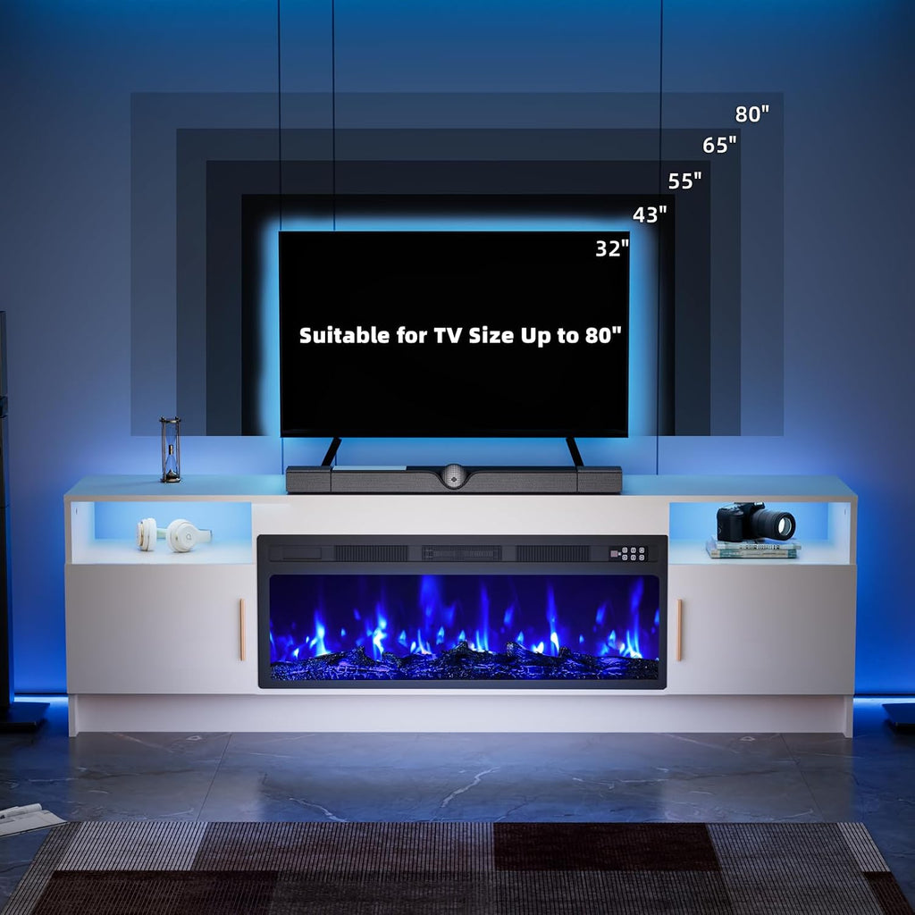 EAG 70' Electric Fireplace TV Stand with 36 inch Fireplace Up to 80' TVs, Entertainment Center with with Storage Cabinet & LED Lights, Modern Media Console for Living Room, White