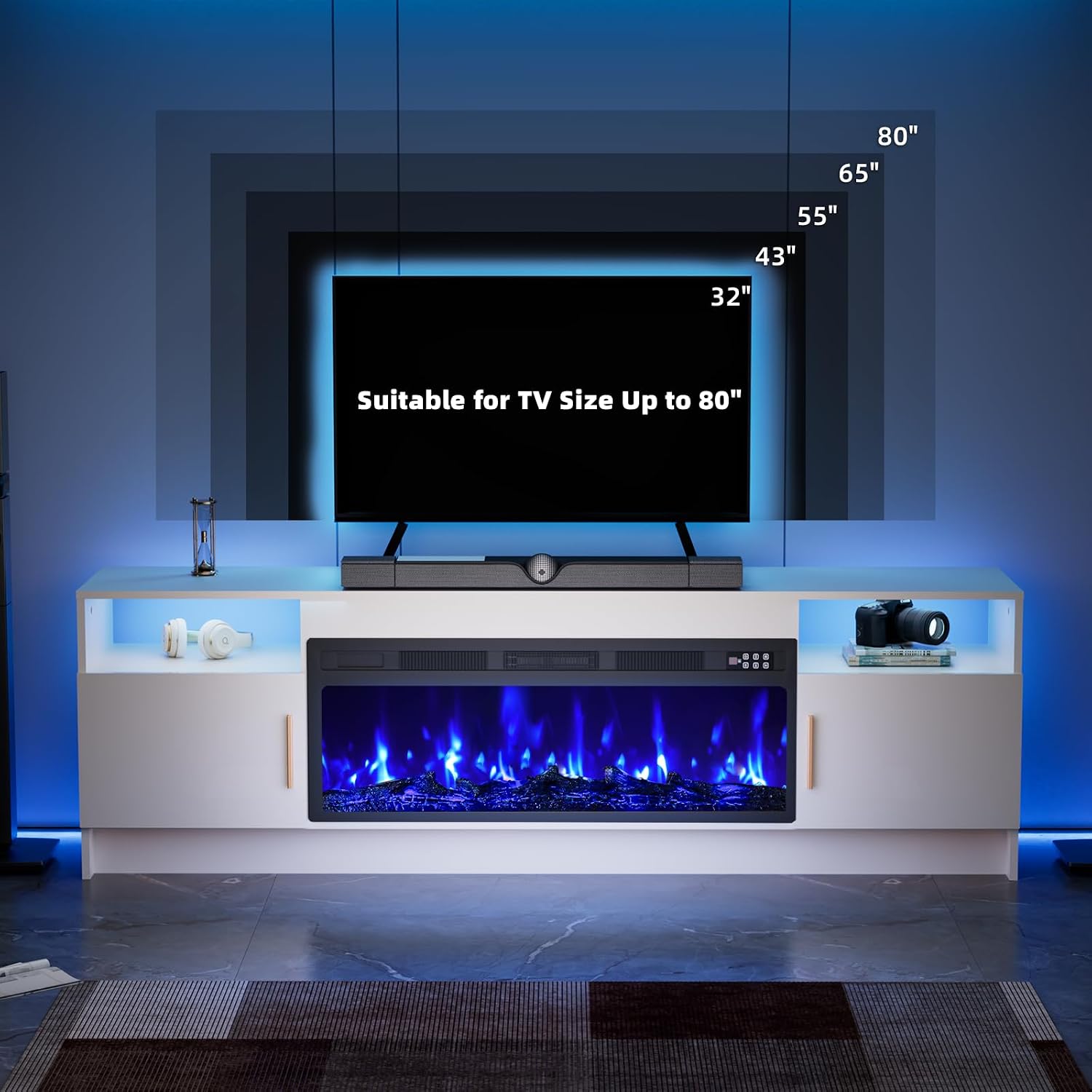 EAG 70' Electric Fireplace TV Stand with 36 inch Fireplace Up to 80' TVs, Entertainment Center with with Storage Cabinet & LED Lights, Modern Media Console for Living Room, White