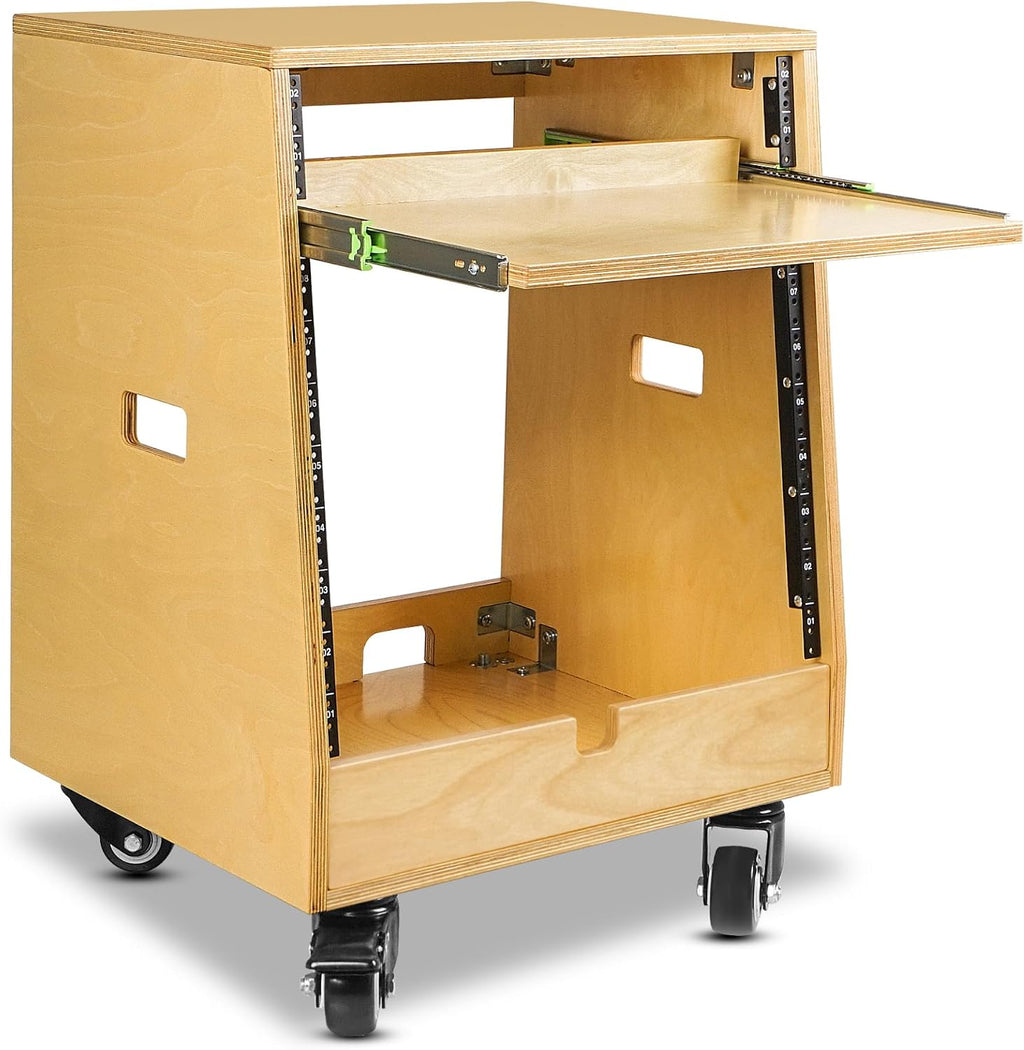 Sound Town DIY Slanted 10U Studio Rack (2U Top + 8U Lower), with 2U Bottom Storage, Slide-Out Tray, Caster, Plywood, Golden Oak For Recording Room, Home Studio (SDRK-ST10T)