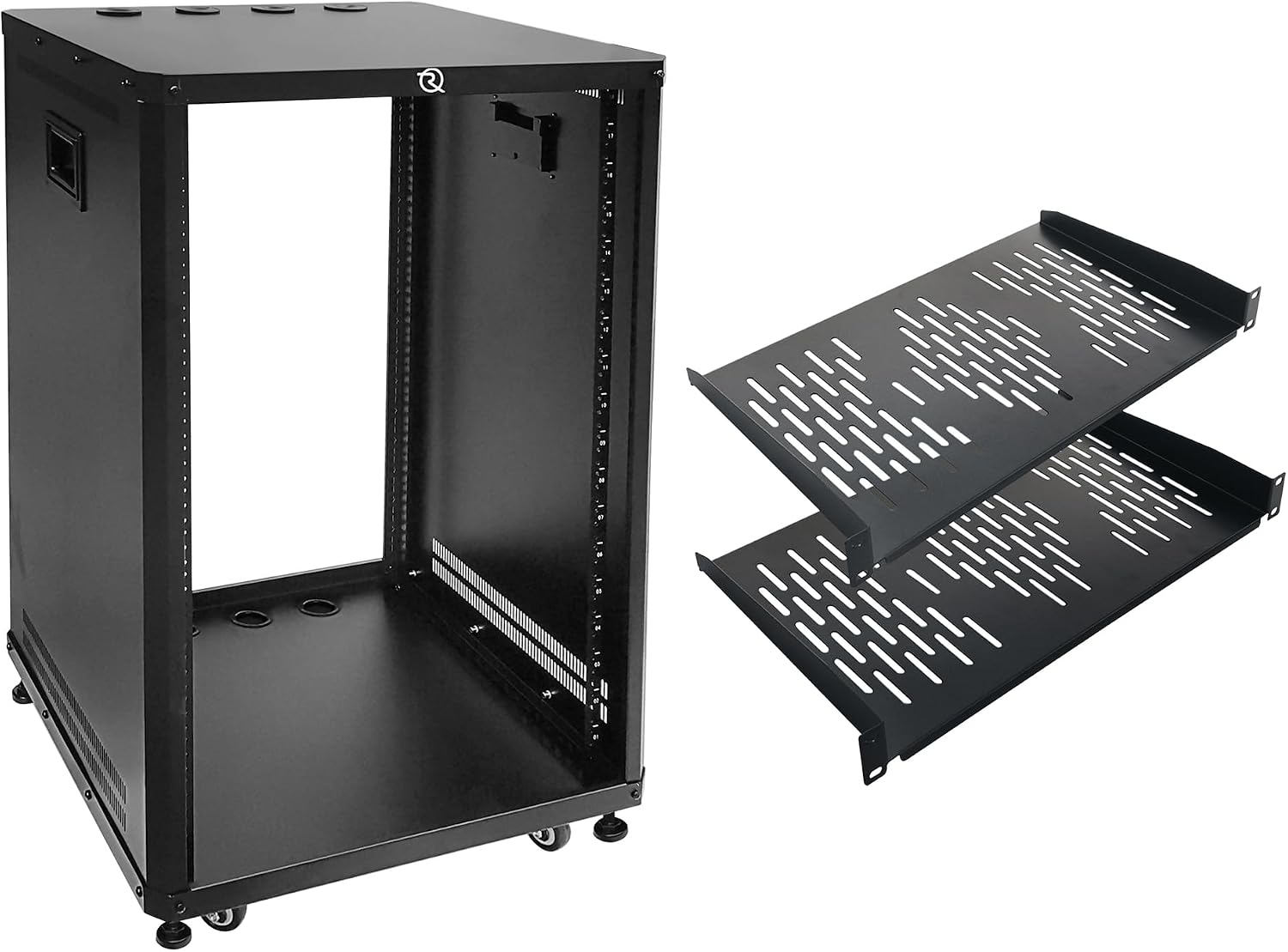 RIVECO 18U Stereo & Server Rack with Caster Wheels, Rolling Network Cabinet, Open Frame Rack for 19-inch Audio Video Music Recording & IT Equipment Lifting Handle & 1U 10' Rack Shelves 2PCS