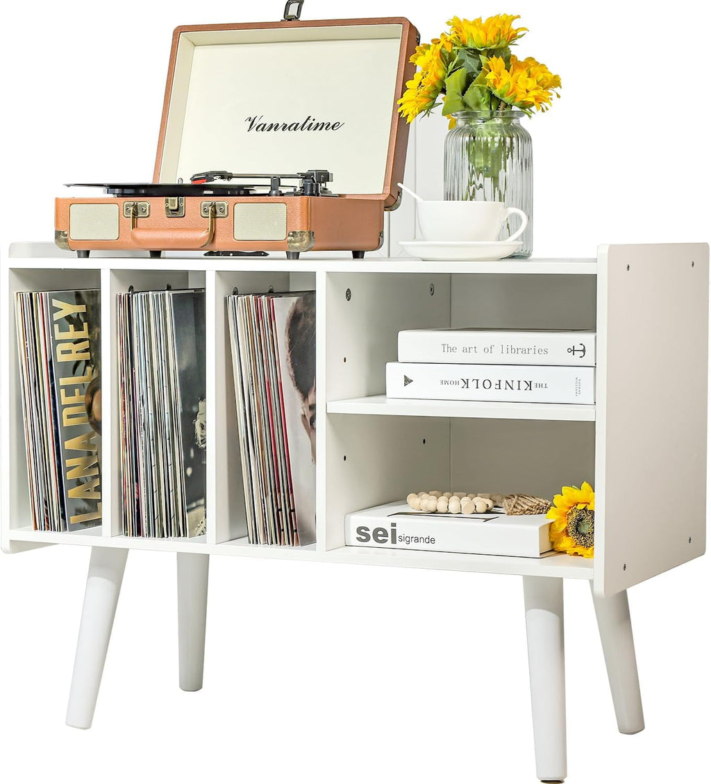 Record Player Stand with Vinyl Storage Holds Up to 300lb, Large Record Player Table Cabinet for Album Storage with Holder Vinyl Display Shelf, Wood Turntable Stand for Bedroom Living Room (White)