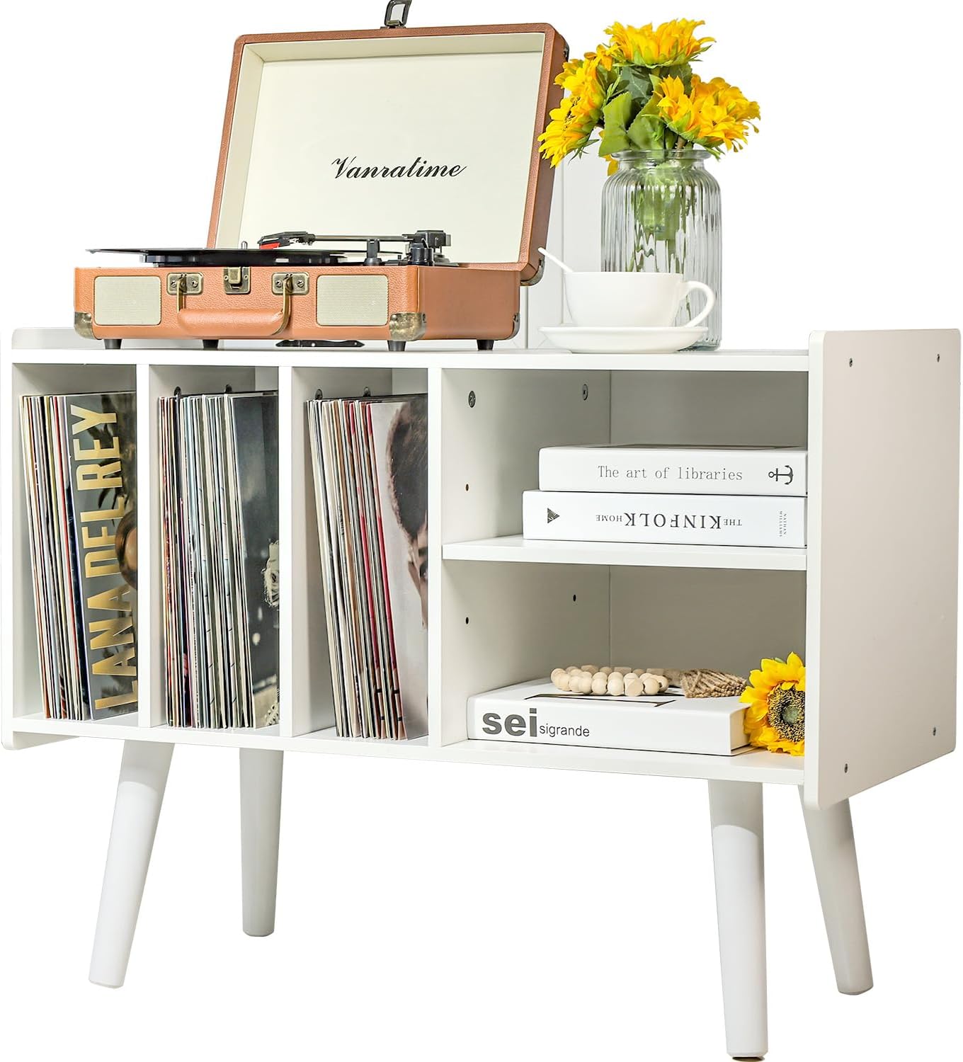 Record Player Stand with Vinyl Storage Holds Up to 300lb, Large Record Player Table Cabinet for Album Storage with Holder Vinyl Display Shelf, Wood Turntable Stand for Bedroom Living Room (White)