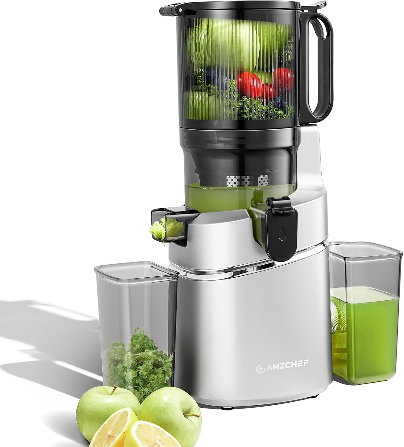 AMZCHEF Cold Press Juicer – 5.8' Wide Mouth Hopper for Whole Recipe Loading, Self Feeding for Hands-Free Operation, Zero Waste Masticating Juicer For More Juice, Less Pulp – Triple Strainers