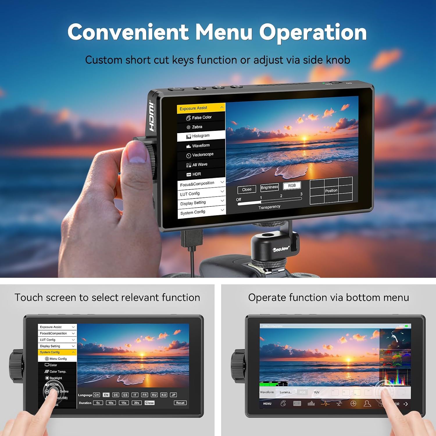 Desview A5 Touch Screen Camera Field Monitor 5.5' 600nits 4K/60Hz HDMI 2.0 in/Out External Camera Monitor for DSLR with HDR 3D LUT Full-Waveform Peaking Focus Assist, Sunshade & Carry Case Included