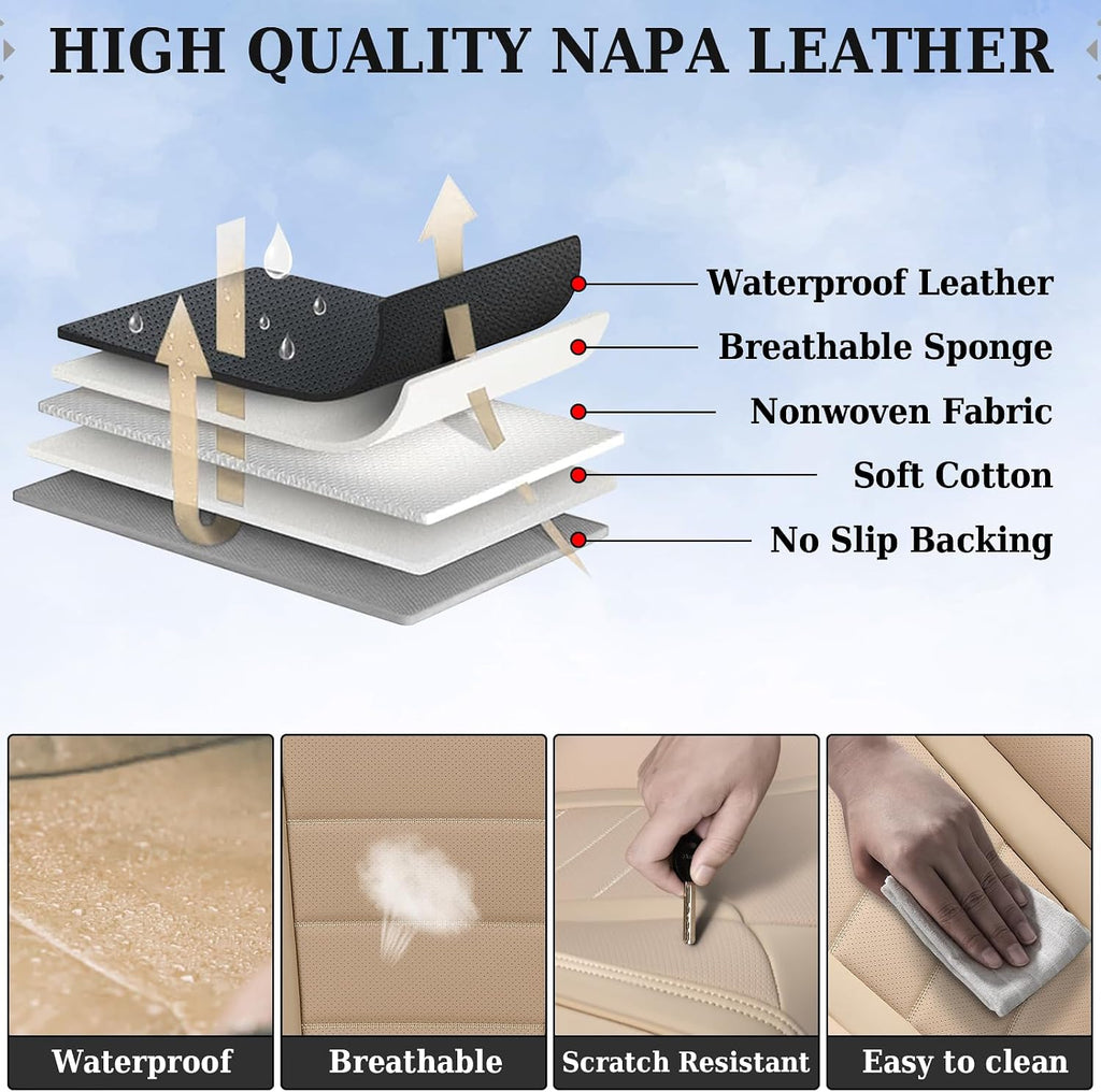 Coverado Front and Back Seat Covers for Cars, Nappa Leather Car Seat Covers, Automotive Seat Covers for Trucks, 5 Seats Waterproof Carseat Protector Car Seat Cover Beige, Universal Fit for Most Cars