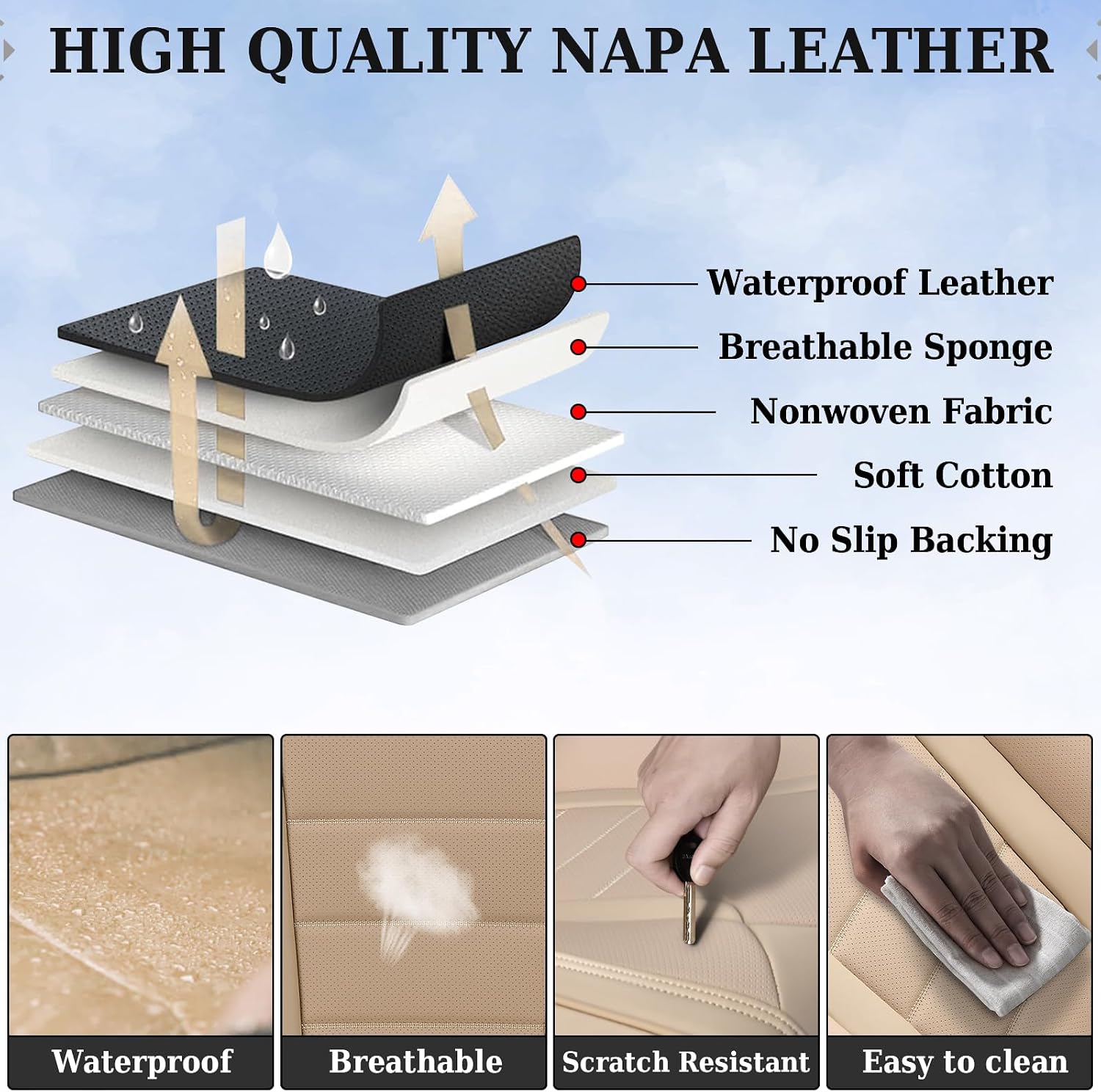 Coverado Front and Back Seat Covers for Cars, Nappa Leather Car Seat Covers, Automotive Seat Covers for Trucks, 5 Seats Waterproof Carseat Protector Car Seat Cover Beige, Universal Fit for Most Cars