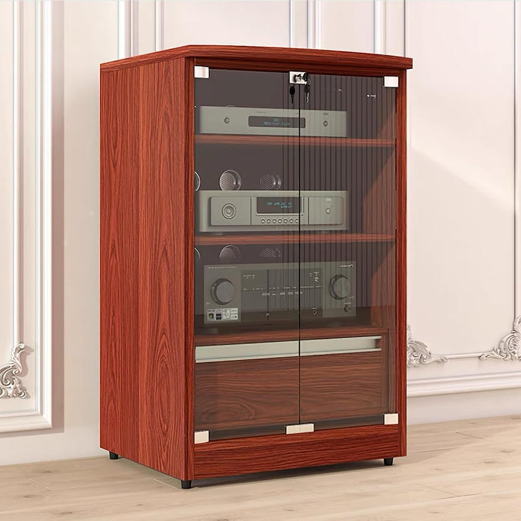 Media Stand with Storage, Audio Rack with Adjustable Shelves, Stereo Cabinet with Glass Doors, Flip Cover AV Cabinet, Wooden Media Storage Cabinet(Red-Brown,3-Tier)