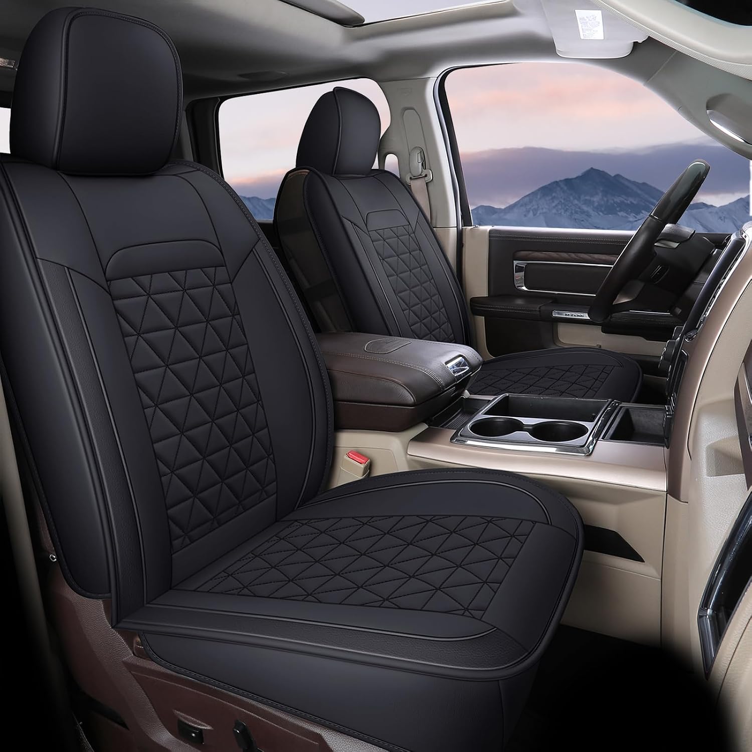 Coverado Car Seat Covers Compatible with Dodge Ram 2002-2026 1500 2500 3500 Pickup Limited Laramie Big Horn Waterproof Leather Seat Protectors Fit Dodge Ram Crew Cab& Quad Cab(2PCS, Black)