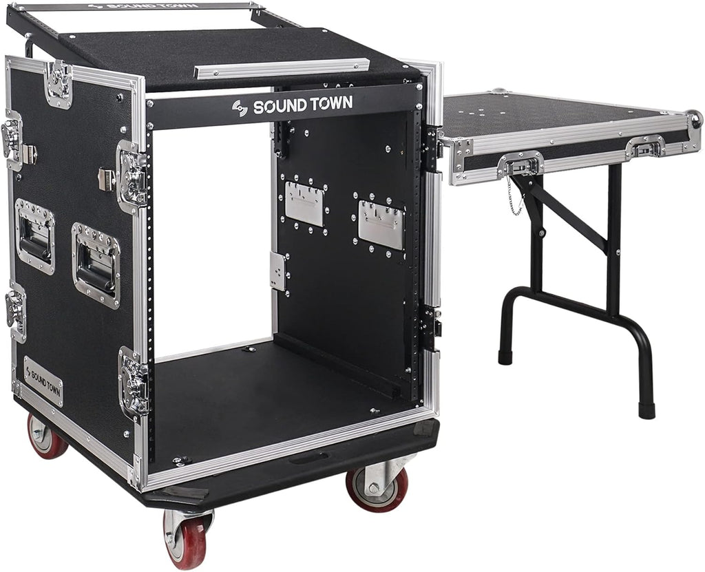 Sound Town Enhanced 1/2' (12mm) Plywood 12U PA DJ Rack/Road Case with 11U Slant Mixer Top, 20'' Rackable Depth, DJ Work Table and Casters, 12-Space ATA Case, Pro Tour Grade (STMR-S12UWT)