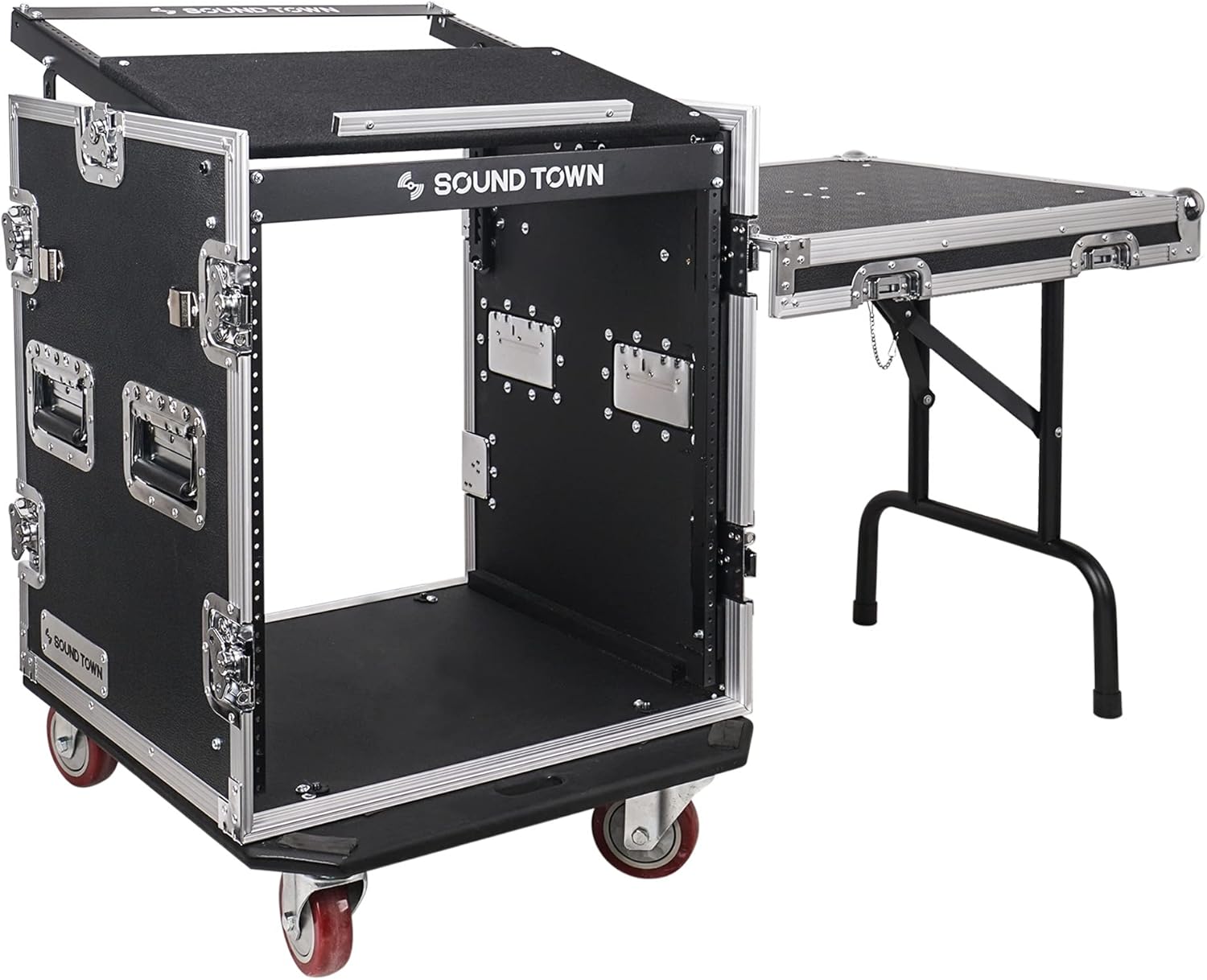 Sound Town Enhanced 1/2' (12mm) Plywood 12U PA DJ Rack/Road Case with 11U Slant Mixer Top, 20'' Rackable Depth, DJ Work Table and Casters, 12-Space ATA Case, Pro Tour Grade (STMR-S12UWT)