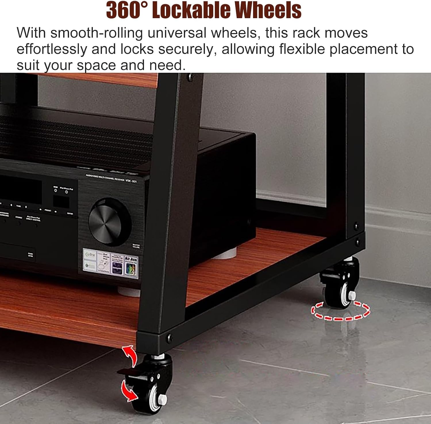 Audio-Video Media Stand HiFi Rack System with Wheels, 2 3 4 5 Shelf Floor-Standing Stereo Component Stand Electronics Equipment Shelf, Living Room Movable Audio Stands and Racks, Black-3 Layer