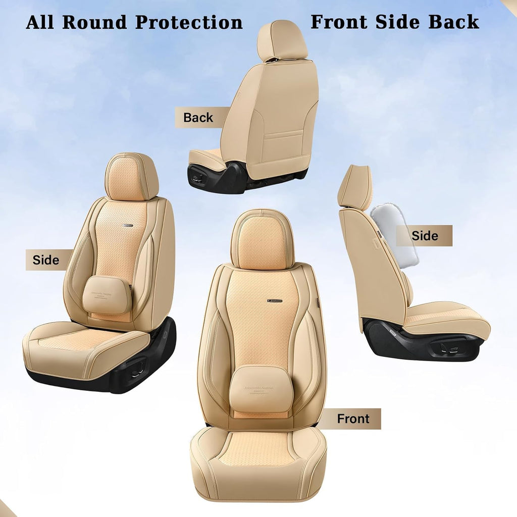 Coverado Car Seat Covers Full Set, Beige Seat Covers for Cars, Waterproof Nappa Leather Automotive Seat Covers with Lumbar Head Pillow, Car Seat Protectors, Universal Fit for Most Cars SUV