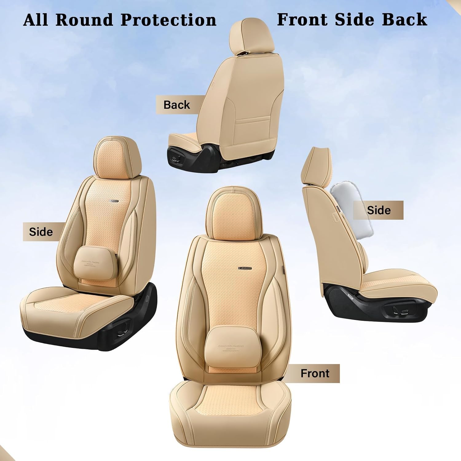 Coverado Car Seat Covers Full Set, Beige Seat Covers for Cars, Waterproof Nappa Leather Automotive Seat Covers with Lumbar Head Pillow, Car Seat Protectors, Universal Fit for Most Cars SUV