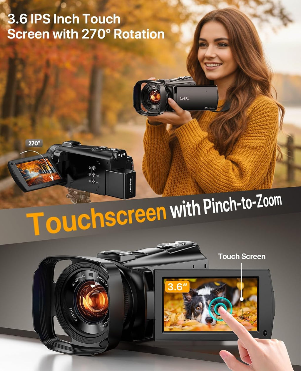5K Video Camera Camcorder 8X Opitical Zoom Live Streaming Cameras 64MP WiFi Autofocus Vlogging Camera for Youtube with Full-color Night Vision, 3.6'' 270° IPS Touchscreen 32GB Card Video Recorder