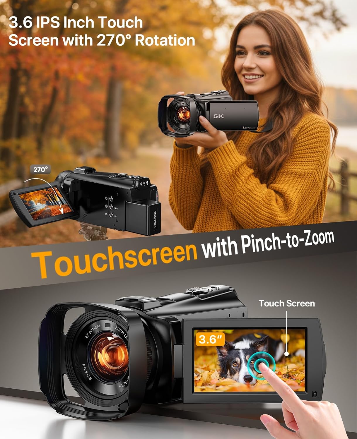 5K Video Camera Camcorder 8X Opitical Zoom Live Streaming Cameras 64MP WiFi Autofocus Vlogging Camera for Youtube with Full-color Night Vision, 3.6'' 270° IPS Touchscreen 32GB Card Video Recorder
