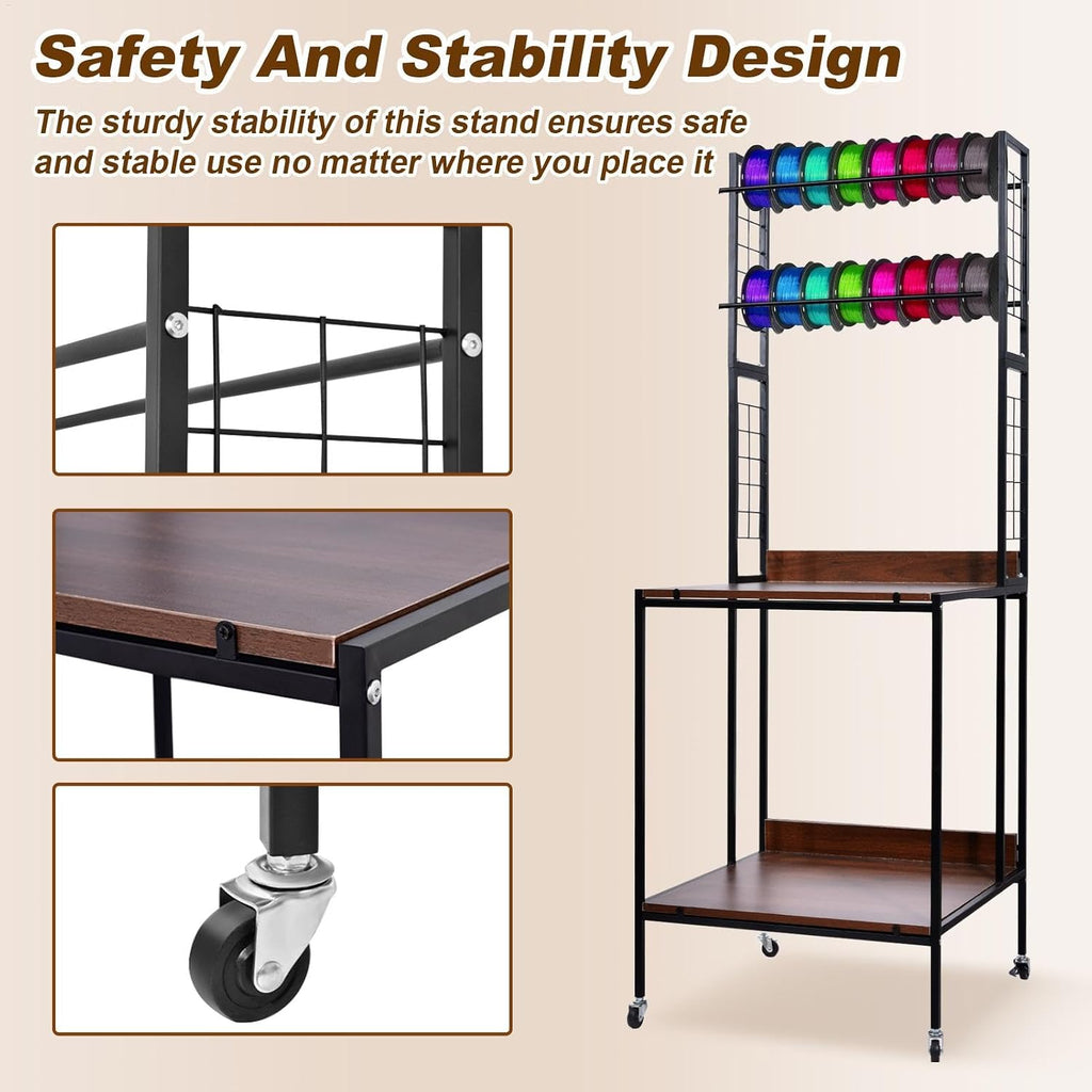 2 Tier 3D Printer Filament Storage Rack,Mobile Printer Stand with Wheels - Heavy Duty Shelf, Sturdy Filament Organizer for 3D Printer Filaments ABS/TPU/Nylon(2 Printers, 20 Consumables)