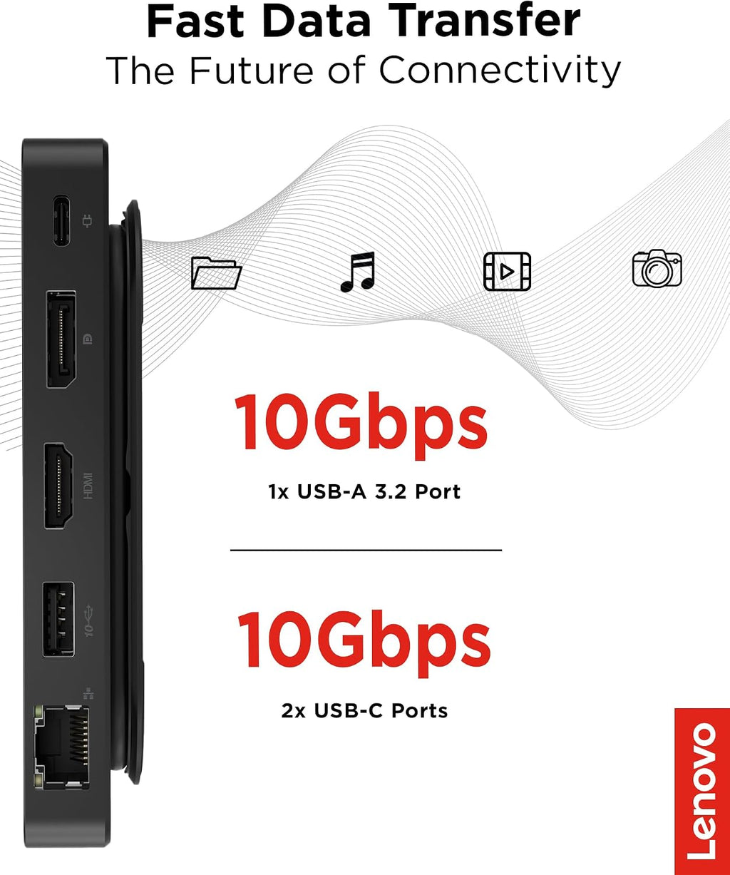 Lenovo USB-C Dual Display Travel Dock w/ 100W Power Adapter - 7 Ports, Integrated USB-C Cable, Universal Compatibility, Dual Displays at 4K - Black