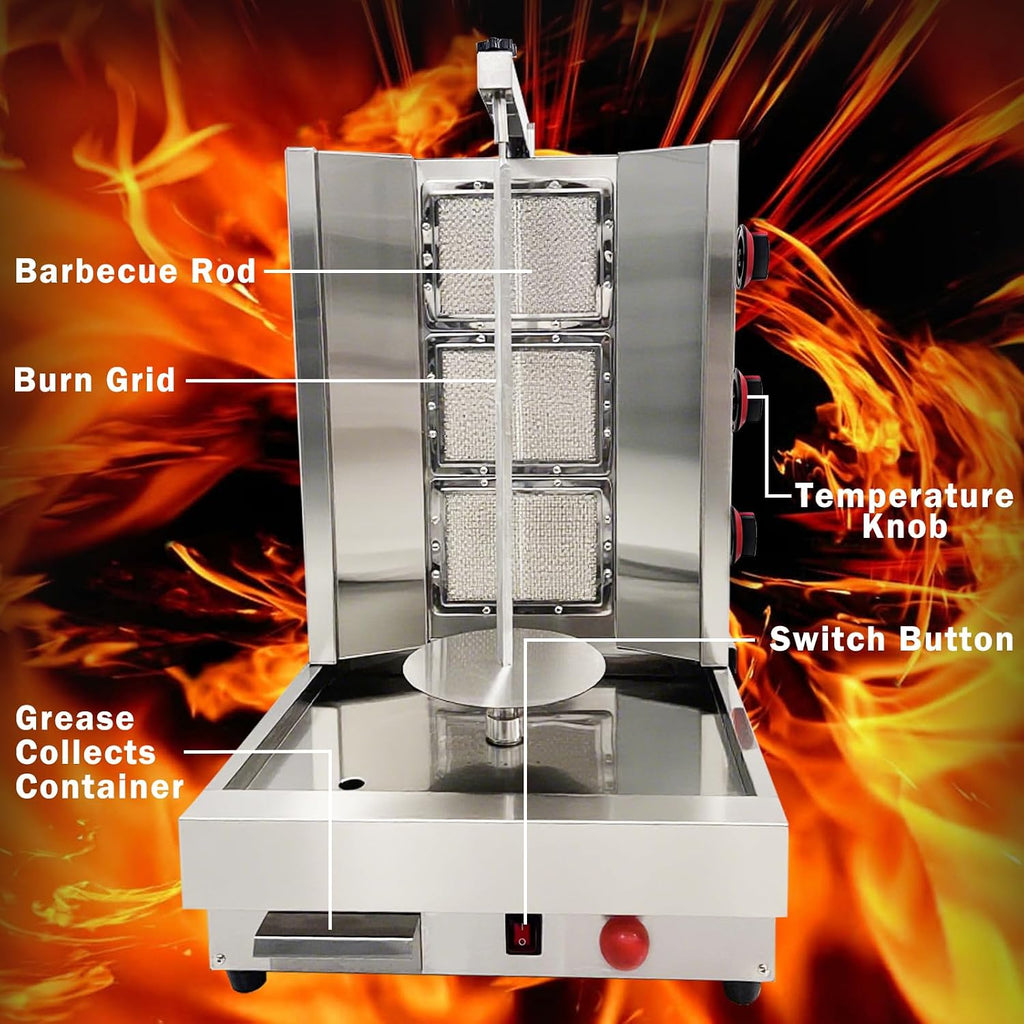 Shawarma Machine 3-Burner Propane Gas Commercial Rotating Vertical Rotisserie Grill Gyro Kebab Doner large restaurants
