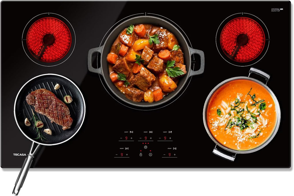 36 Inch Electric Cooktop, TECASA 9000W Radiant Electric Hob with 5 Burners, 240V Built-in Sensor Touch Control Stove Top with Child Safety Lock & Timer, 9 Heating Levels, Hard Wire (No Plug)