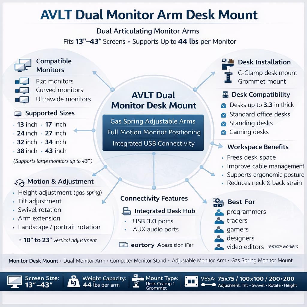 AVLT Dual Monitor Arm Desk Mount for 13'–43' Flat/Curved Screens with USB-A Pass-Through, Full Motion Height Adjustable Swivel Tilt Rotation VESA/C-Clamp/Grommet/Cable Management, White