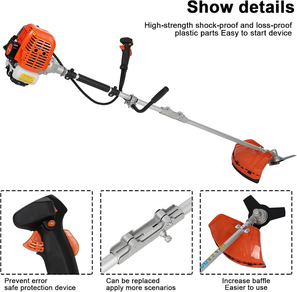 Lawn Mower, Gas String Trimmer, 52cc Weed Wacker Gas Powered, 2 in 1 Cordless Hedge Trimmer, 2-Stroke Brush Cutter, Handheld Weed Eater, Plastic Handle & Shoulder Strap Included (Orange)