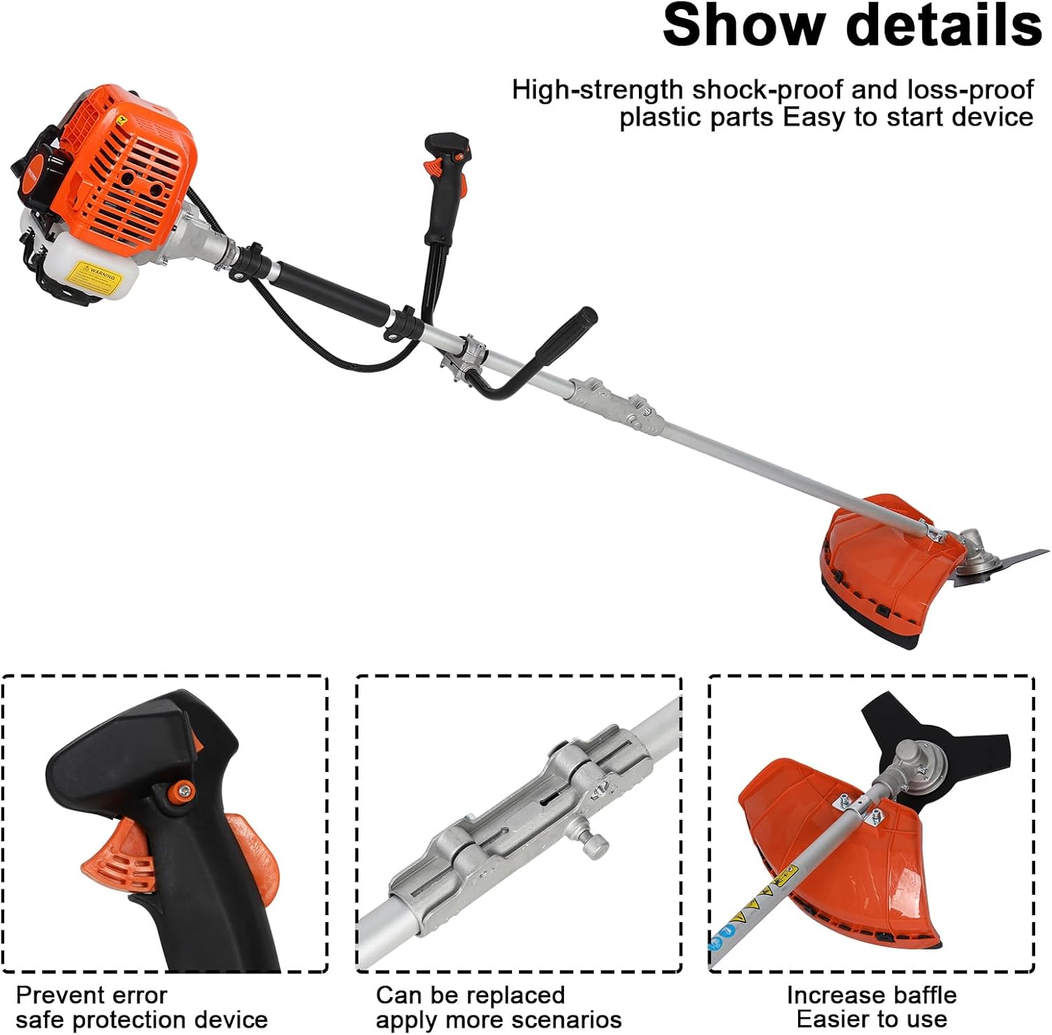 Lawn Mower, Gas String Trimmer, 52cc Weed Wacker Gas Powered, 2 in 1 Cordless Hedge Trimmer, 2-Stroke Brush Cutter, Handheld Weed Eater, Plastic Handle & Shoulder Strap Included (Orange)