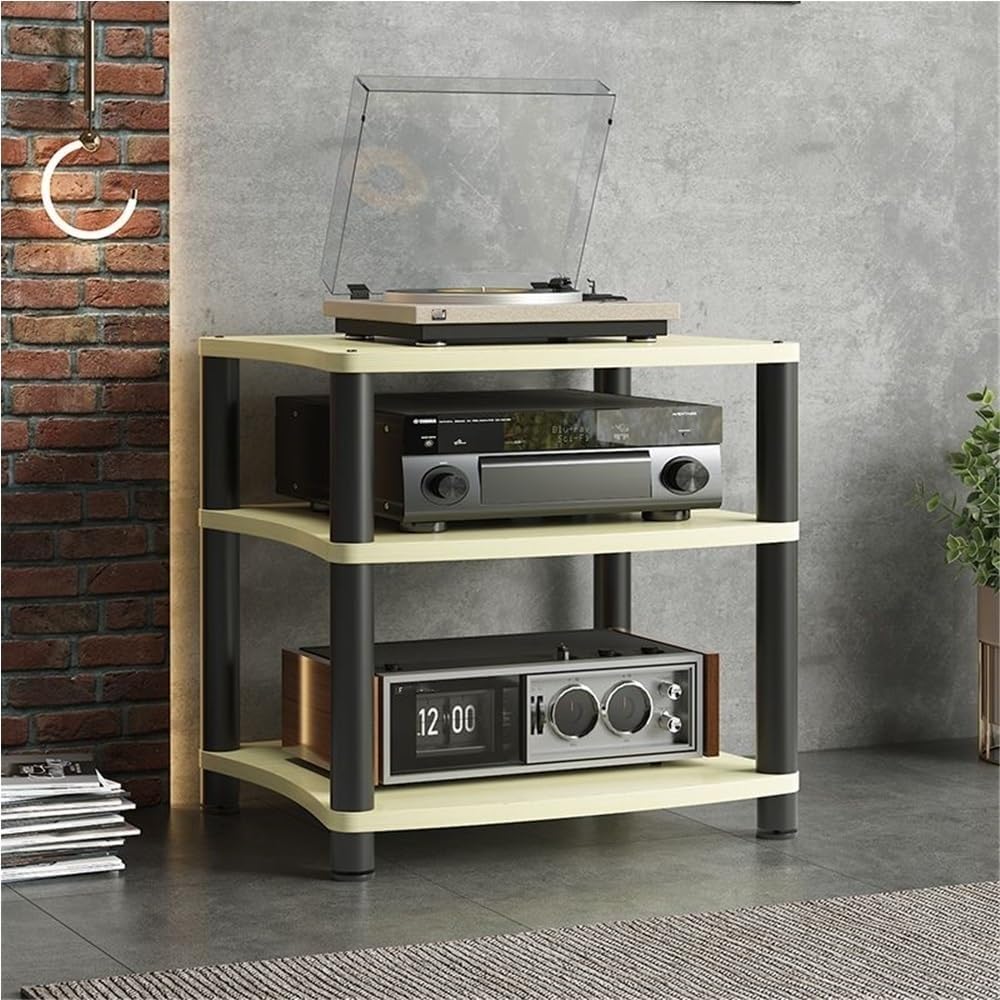 Audio Rack Cabinet with Adjustable Rubber Feet, Stereo Racks and Stands, Open Media Storage Stand for Stereo, AV Equipment, Record Player, DVD, Game Consoles(Beige,Large)