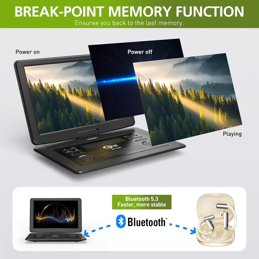 18' Portable DVD Player with Bluetooth Headset,15.6' HD Swivel Screen with Extra Carrying Bag,Support AV-in/Out and Multiple Disc Formats,High Volume Speaker,Black,[Not Support Blu-Ray]