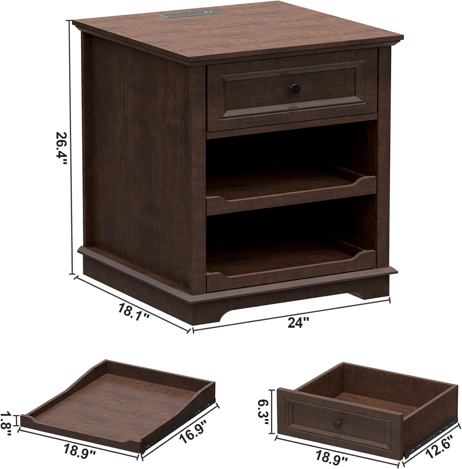 REDAYFUR Lateral File Cabinet 3 Drawer File Cabinet with Charging Station, Wood Lateral Filing Cabinet, Printer Stand with Open Adjustable Storage Shelves for Home Office, Cherry