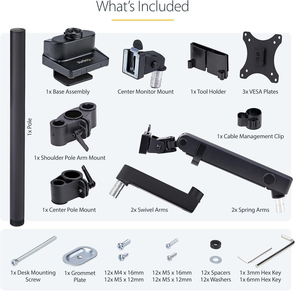 StarTech.com Desk Mount Triple Monitor Arm for Up to Three 27in Screens, VESA 75x75/100x100, Mechanical Spring Arm
