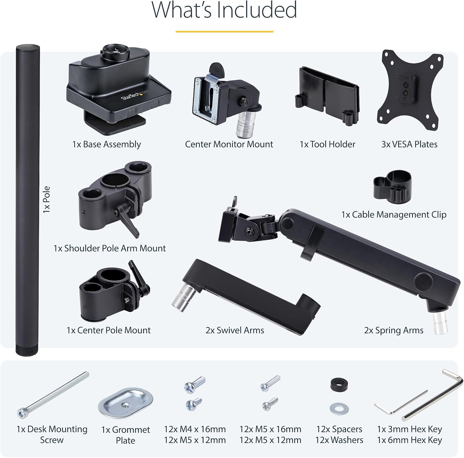 StarTech.com Desk Mount Triple Monitor Arm for Up to Three 27in Screens, VESA 75x75/100x100, Mechanical Spring Arm