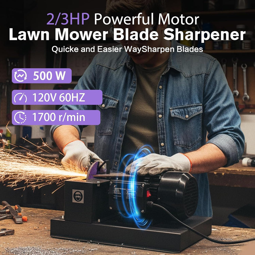 Lawn Mower Blade Sharpener, 2/3HP 500W Lawnmower Blade Grinder with 7-inch Rust-Proof Grinder Tool, 2 Sanding Paper & Bracket, Compact Workbench Sharpening for Durable Blades