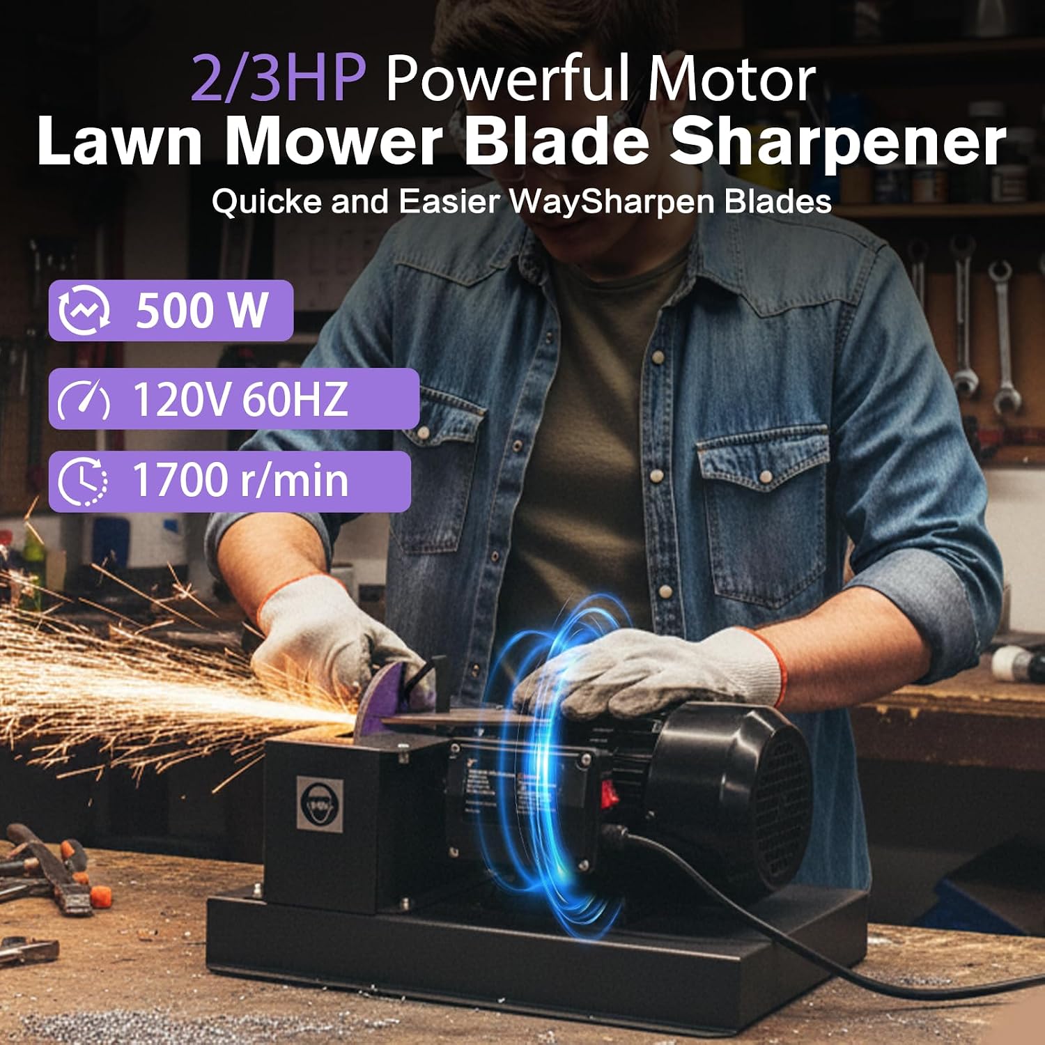 Lawn Mower Blade Sharpener, 2/3HP 500W Lawnmower Blade Grinder with 7-inch Rust-Proof Grinder Tool, 2 Sanding Paper & Bracket, Compact Workbench Sharpening for Durable Blades
