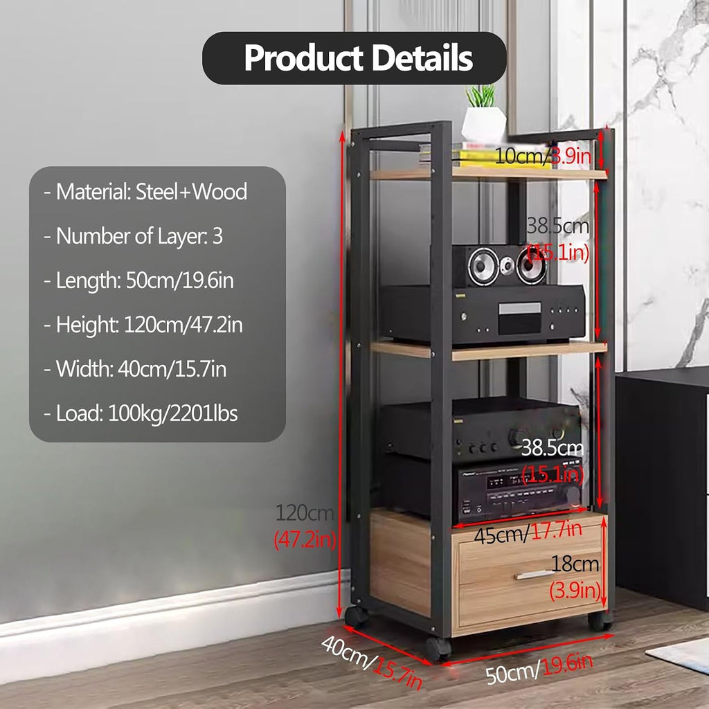 Audio Rack Power Amplifier Equipment Cabinet - Tv Stand with Storage and Shelves - Furniture Media Stand DVD Cd Player Stand - Large Media Storage Shelf On Wheels for Ktv,3 Tiers-120cm Tall